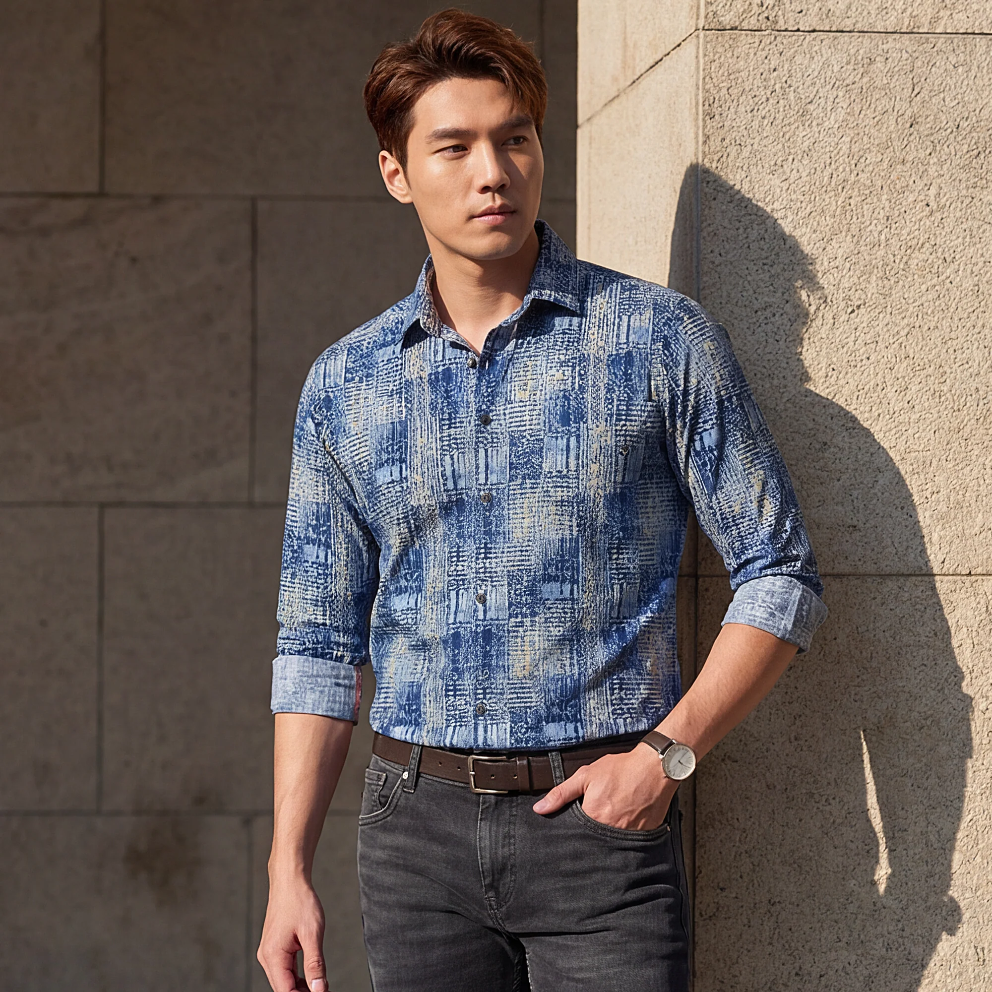 Full Sleeves Slim Fit Brown Grunge Geometric Print Shirt - Image 2