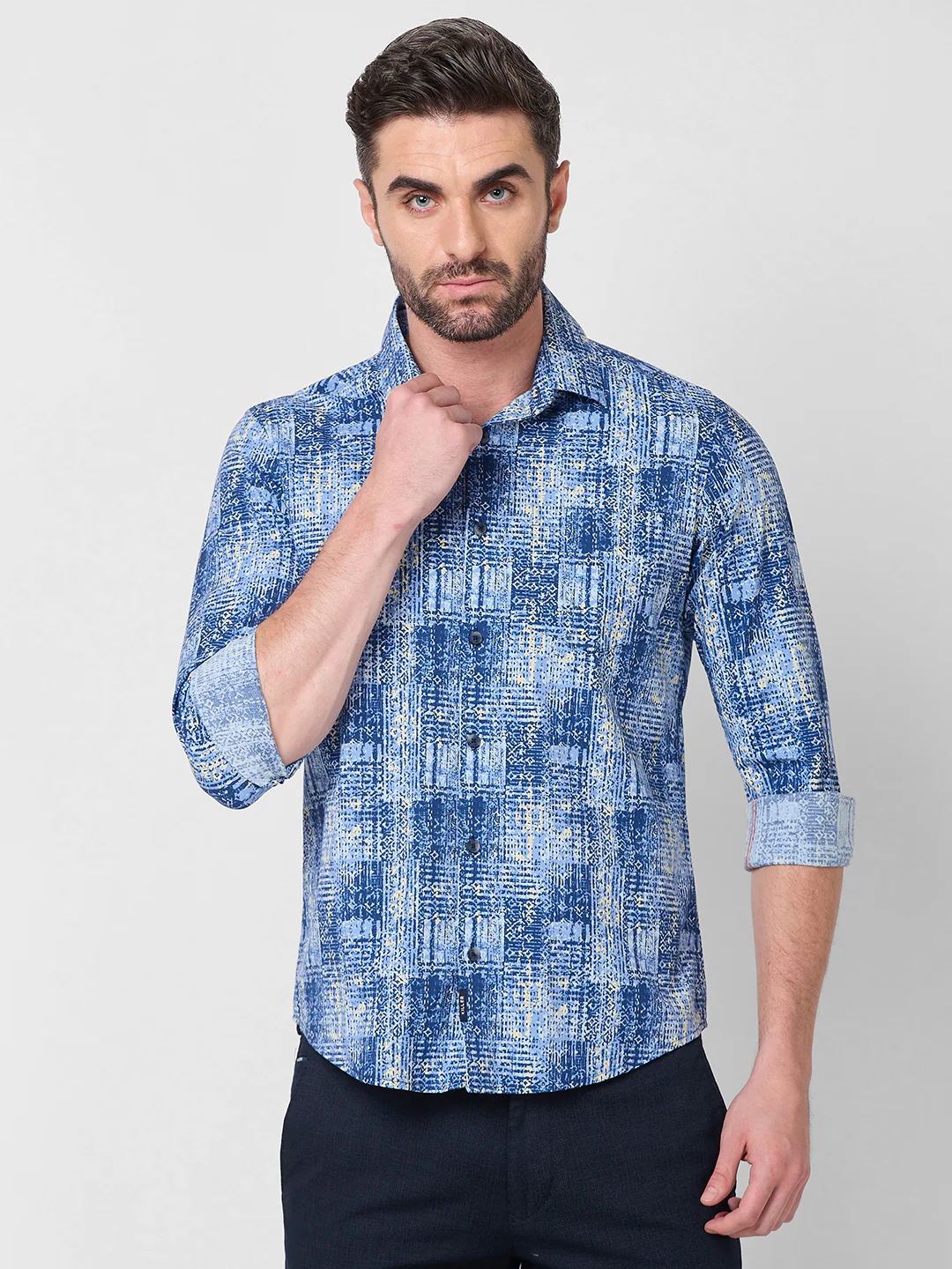 Full Sleeves Slim Fit Brown Grunge Geometric Print Shirt - Image 3