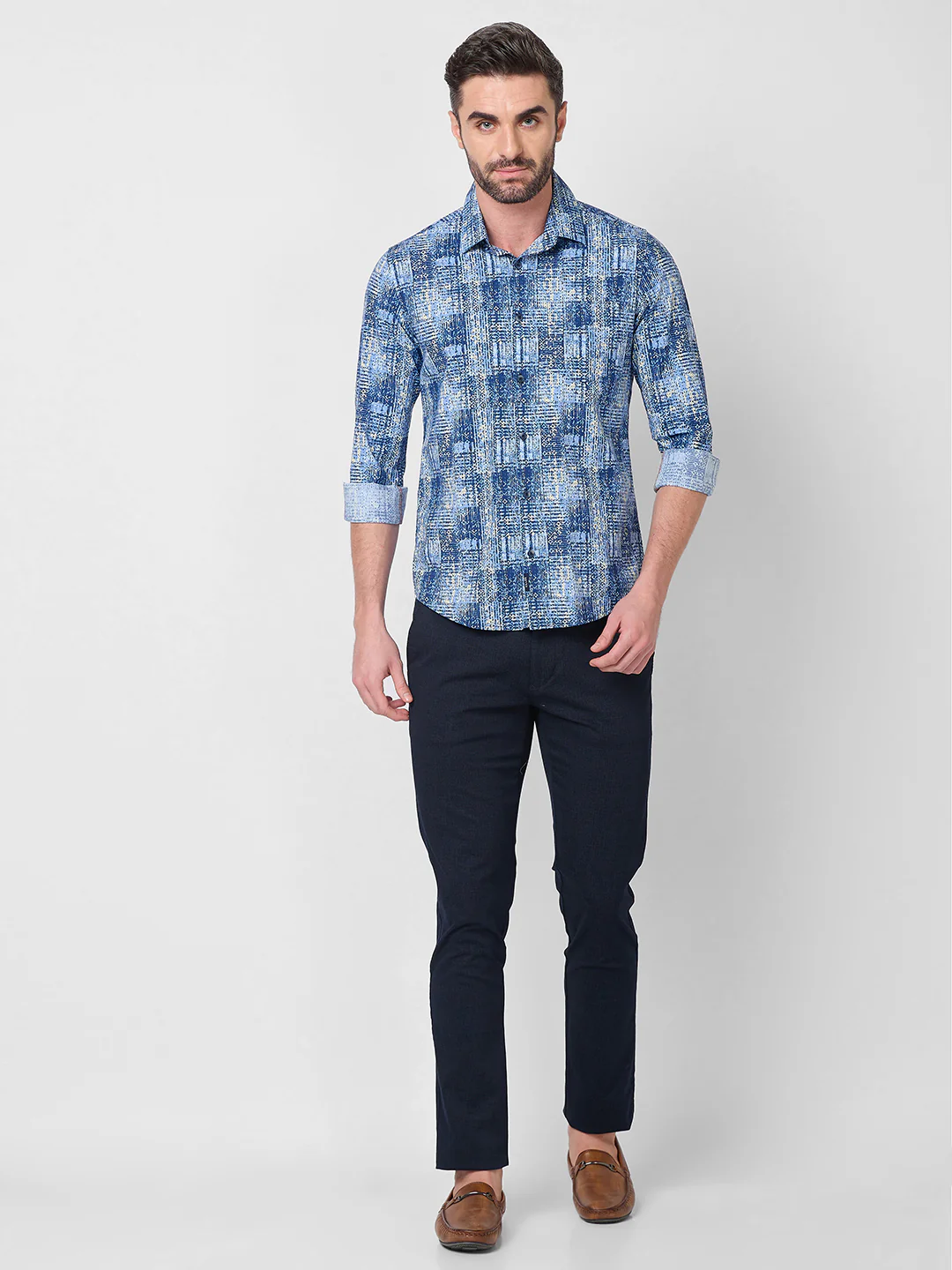 Full Sleeves Slim Fit Brown Grunge Geometric Print Shirt - Image 4