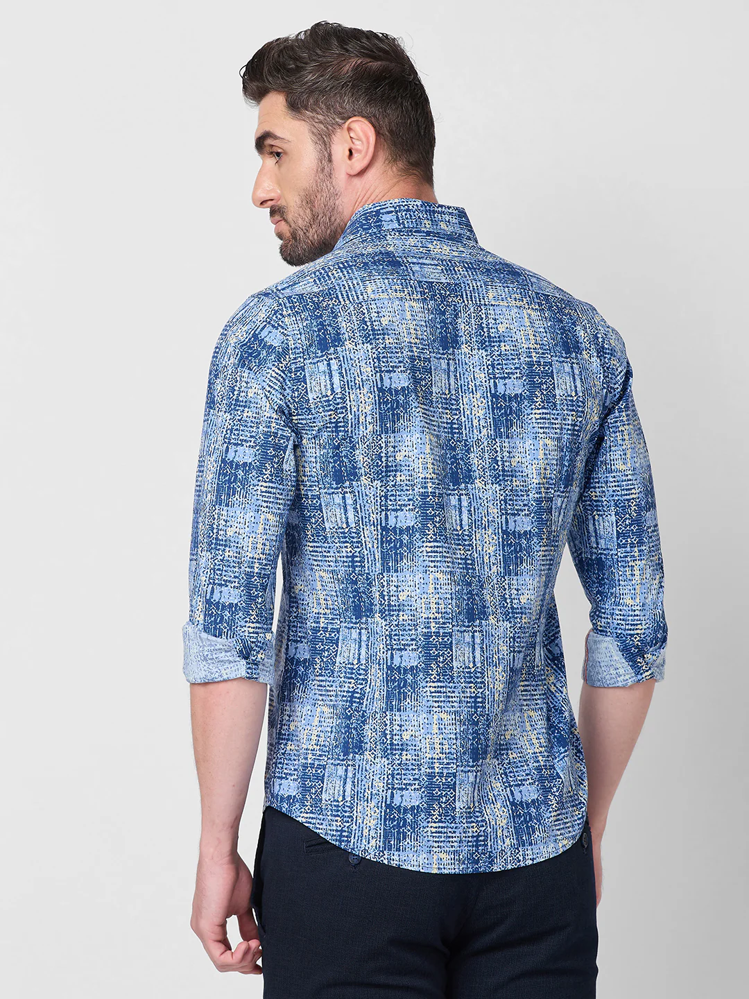 Full Sleeves Slim Fit Brown Grunge Geometric Print Shirt - Image 5