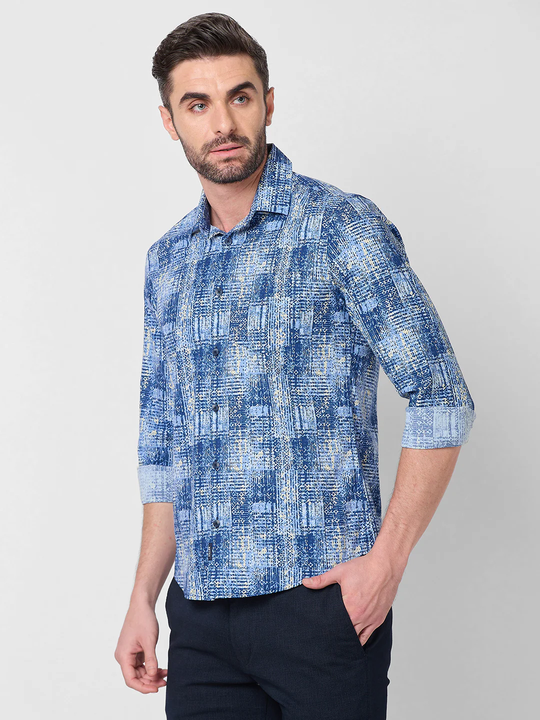 Full Sleeves Slim Fit Brown Grunge Geometric Print Shirt - Image 6