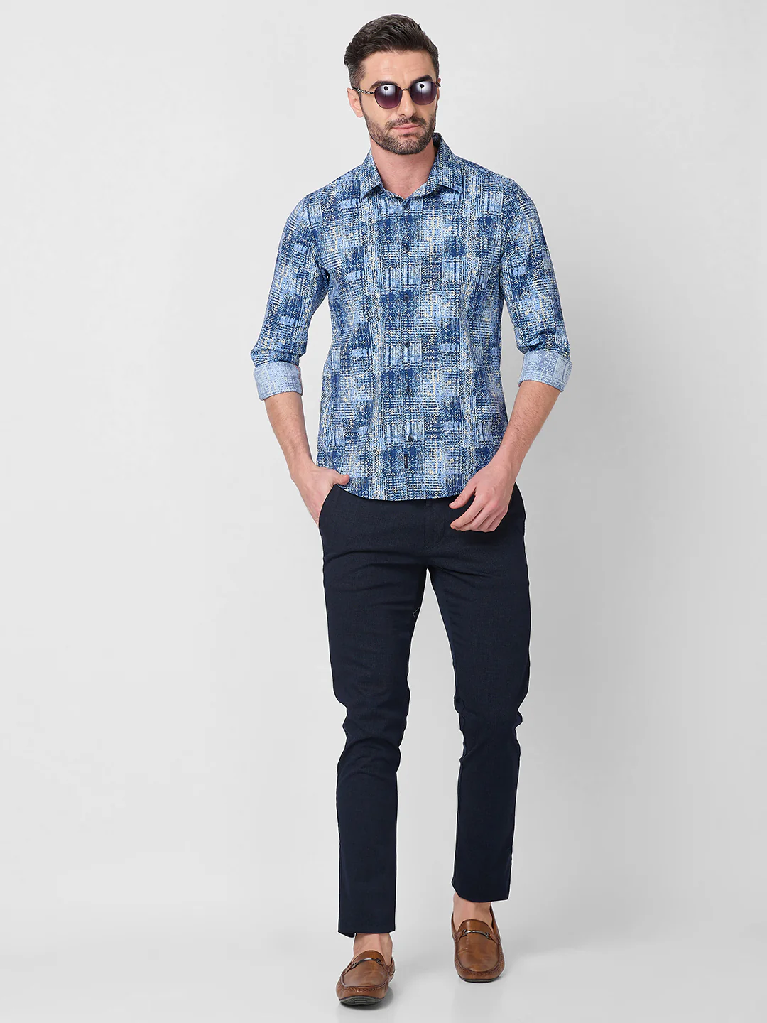 Full Sleeves Slim Fit Brown Grunge Geometric Print Shirt - Image 8