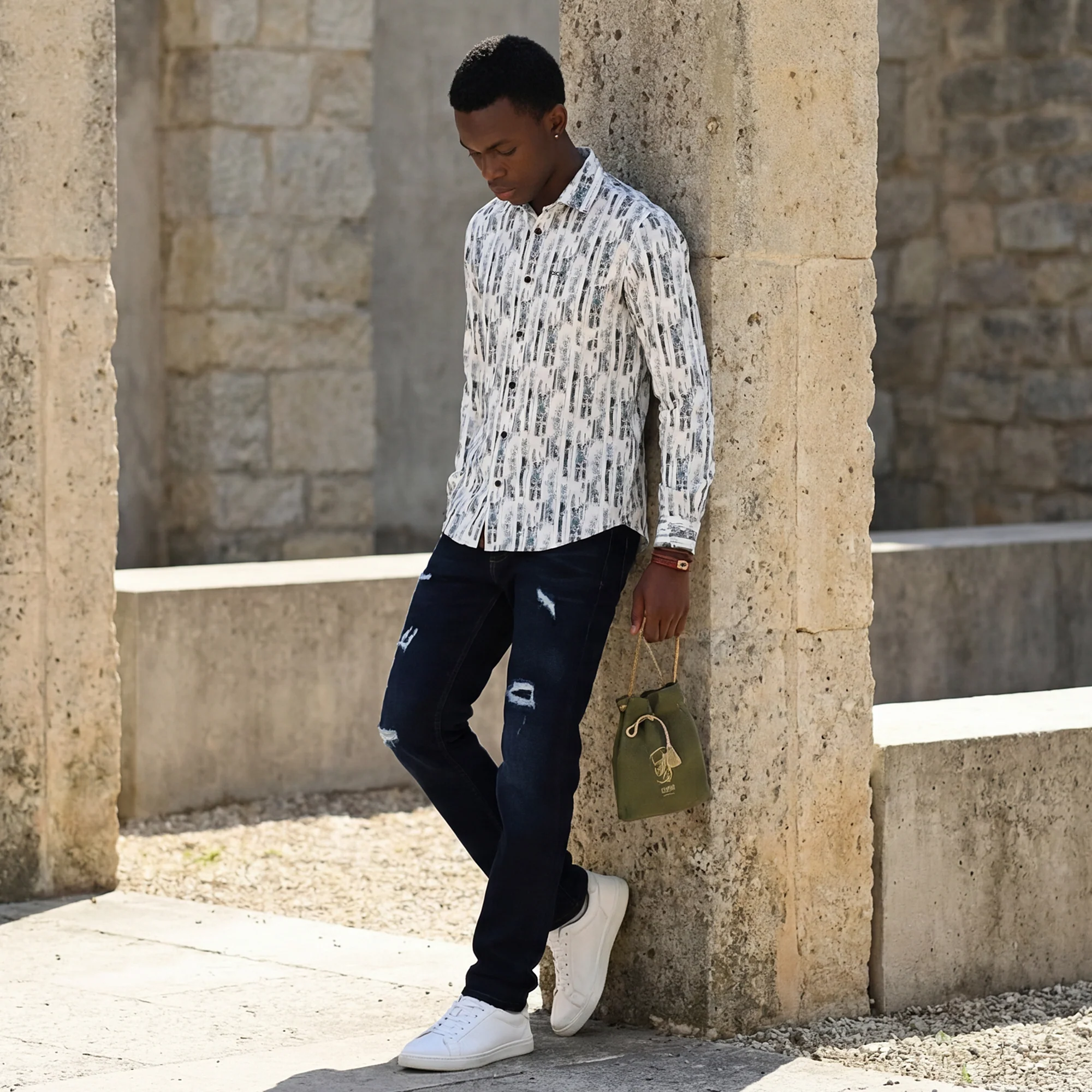 Full Sleeves Slim Fit White Abstract Textured Stripe Print Shirt