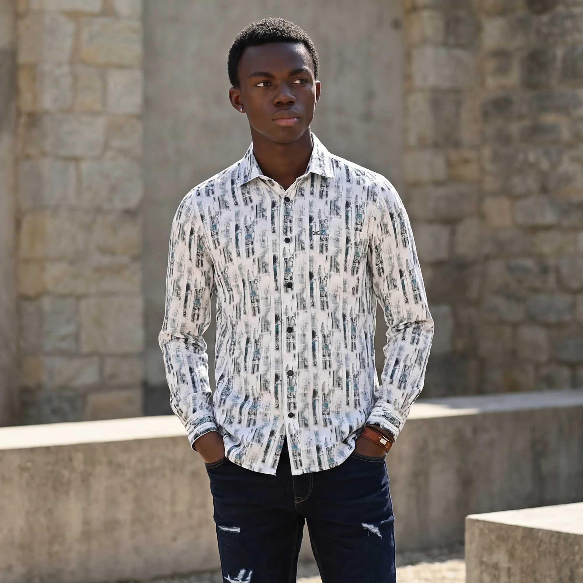 Full Sleeves Slim Fit White Abstract Textured Stripe Print Shirt - Image 2