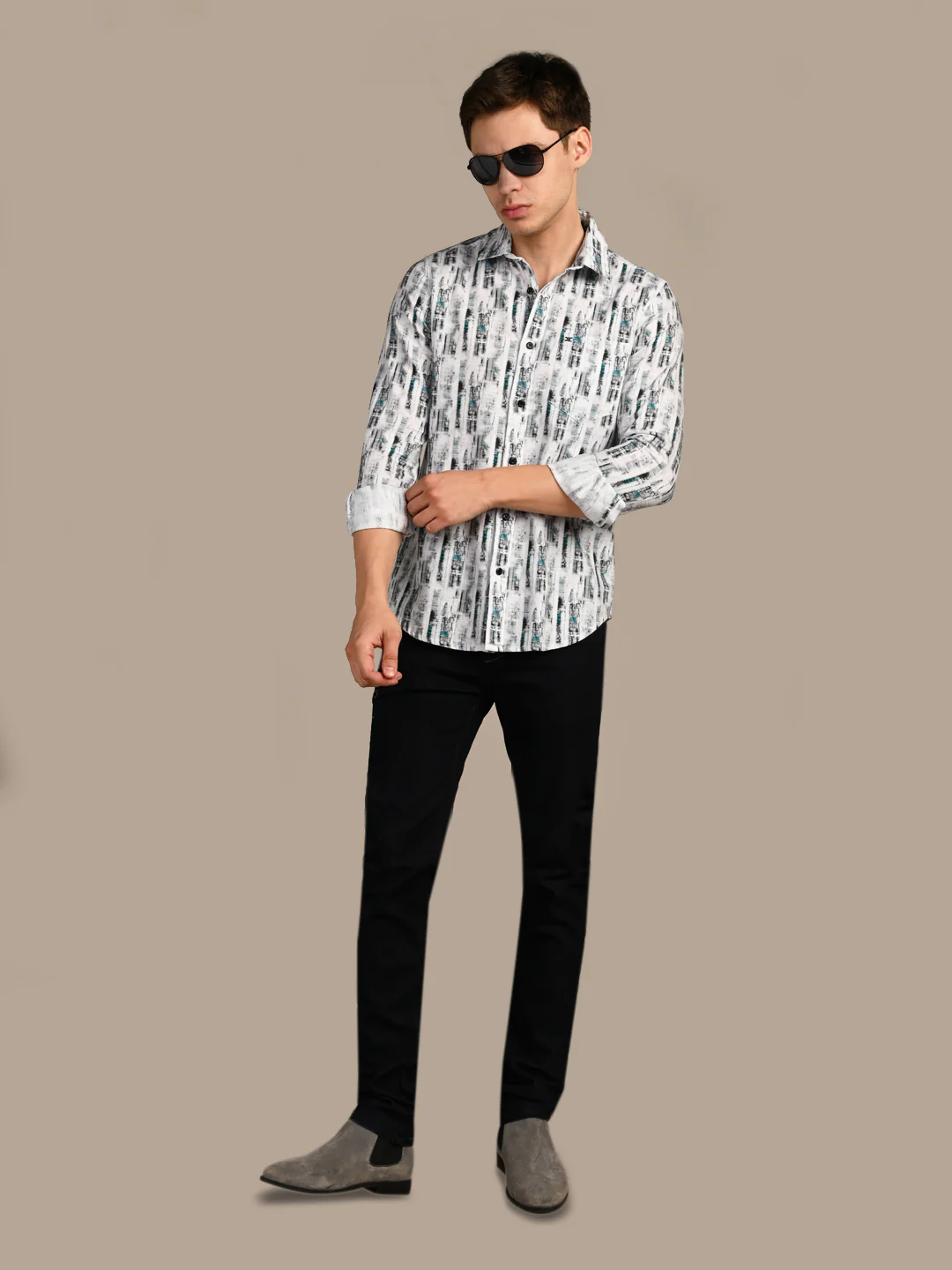 Full Sleeves Slim Fit White Abstract Textured Stripe Print Shirt - Image 3