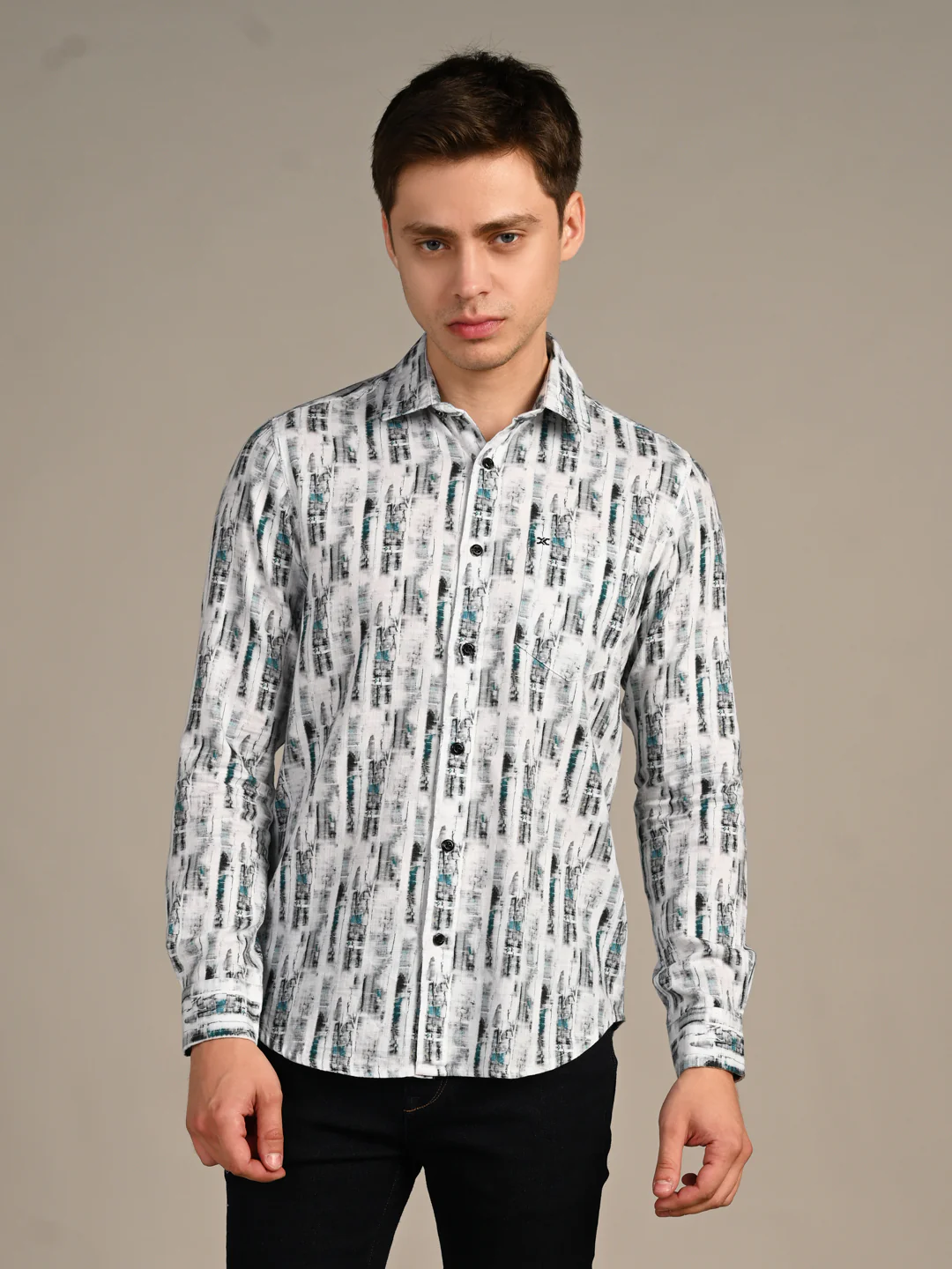 Full Sleeves Slim Fit White Abstract Textured Stripe Print Shirt - Image 4
