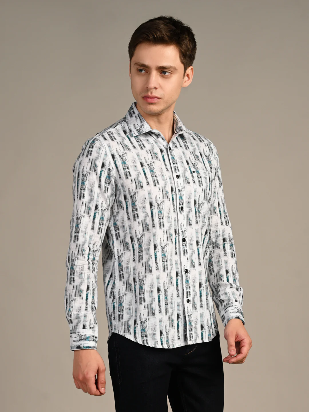 Full Sleeves Slim Fit White Abstract Textured Stripe Print Shirt - Image 5