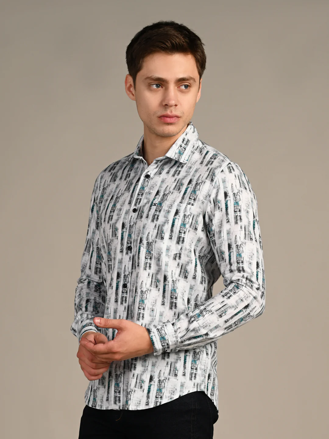 Full Sleeves Slim Fit White Abstract Textured Stripe Print Shirt - Image 6