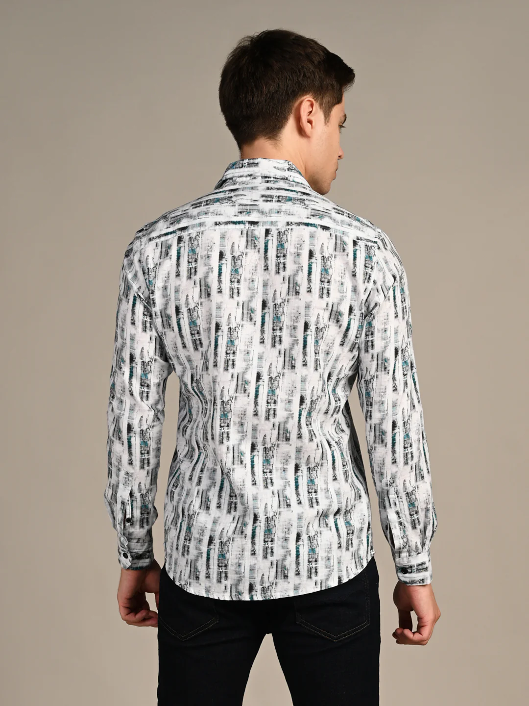 Full Sleeves Slim Fit White Abstract Textured Stripe Print Shirt - Image 7