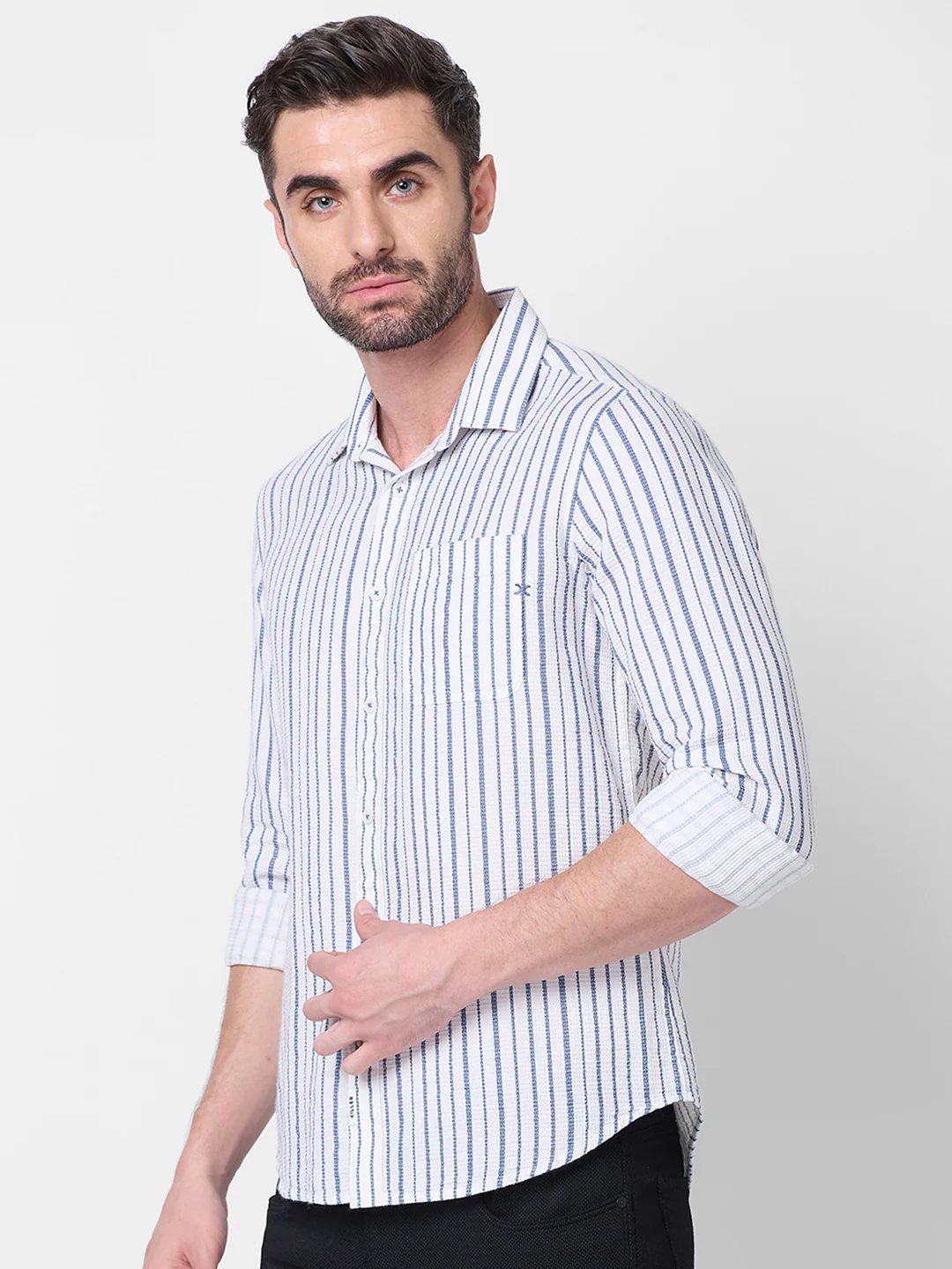 Full sleeves Slim Fit Blue Dobby Structure Printed Stripe Shirt - Image 6