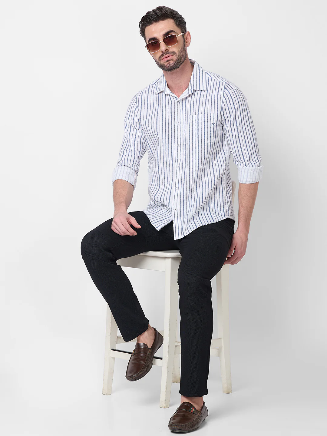Full sleeves Slim Fit Blue Dobby Structure Printed Stripe Shirt - Image 8