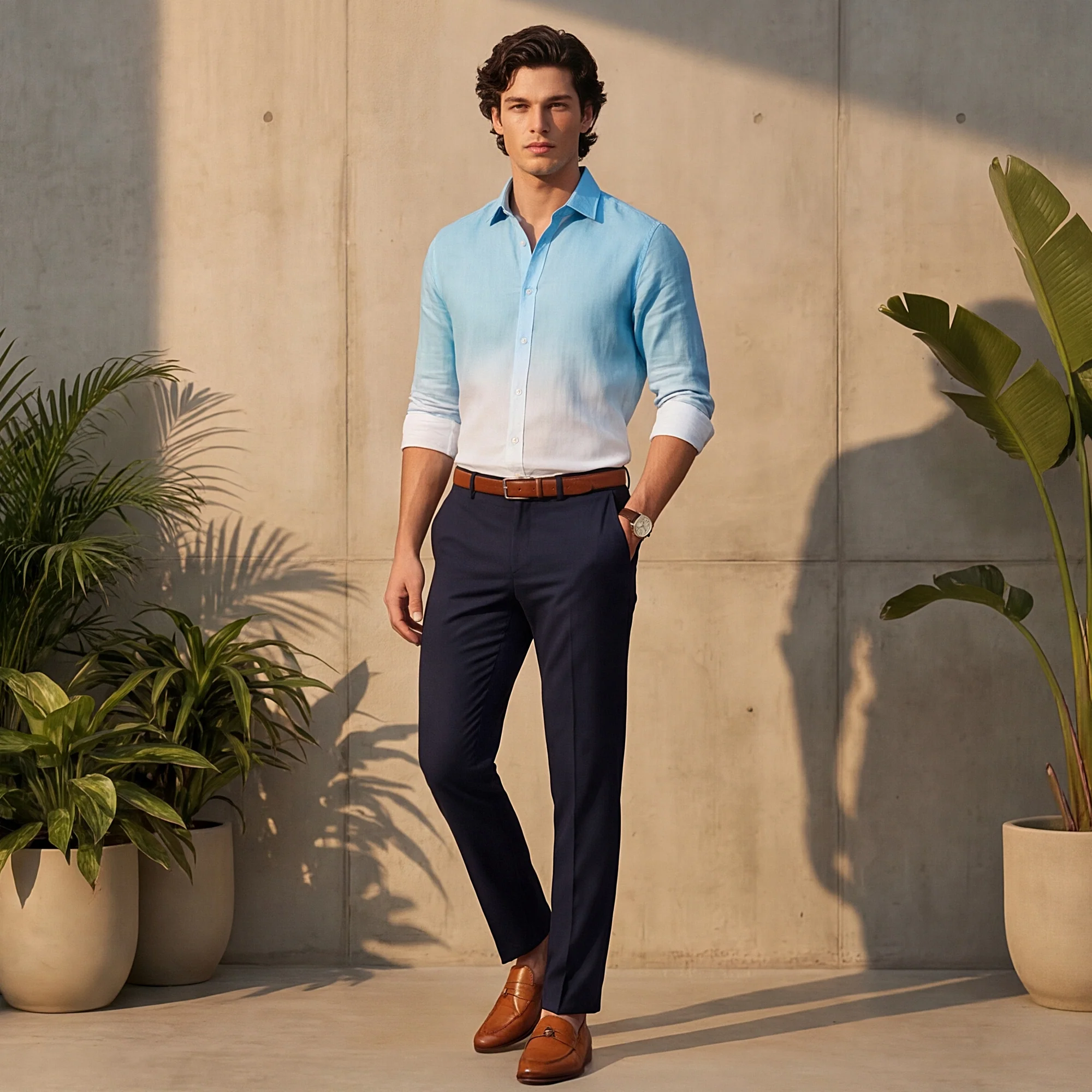 Full sleeves Slim Fit Blue Ombre Slub Print Shirt