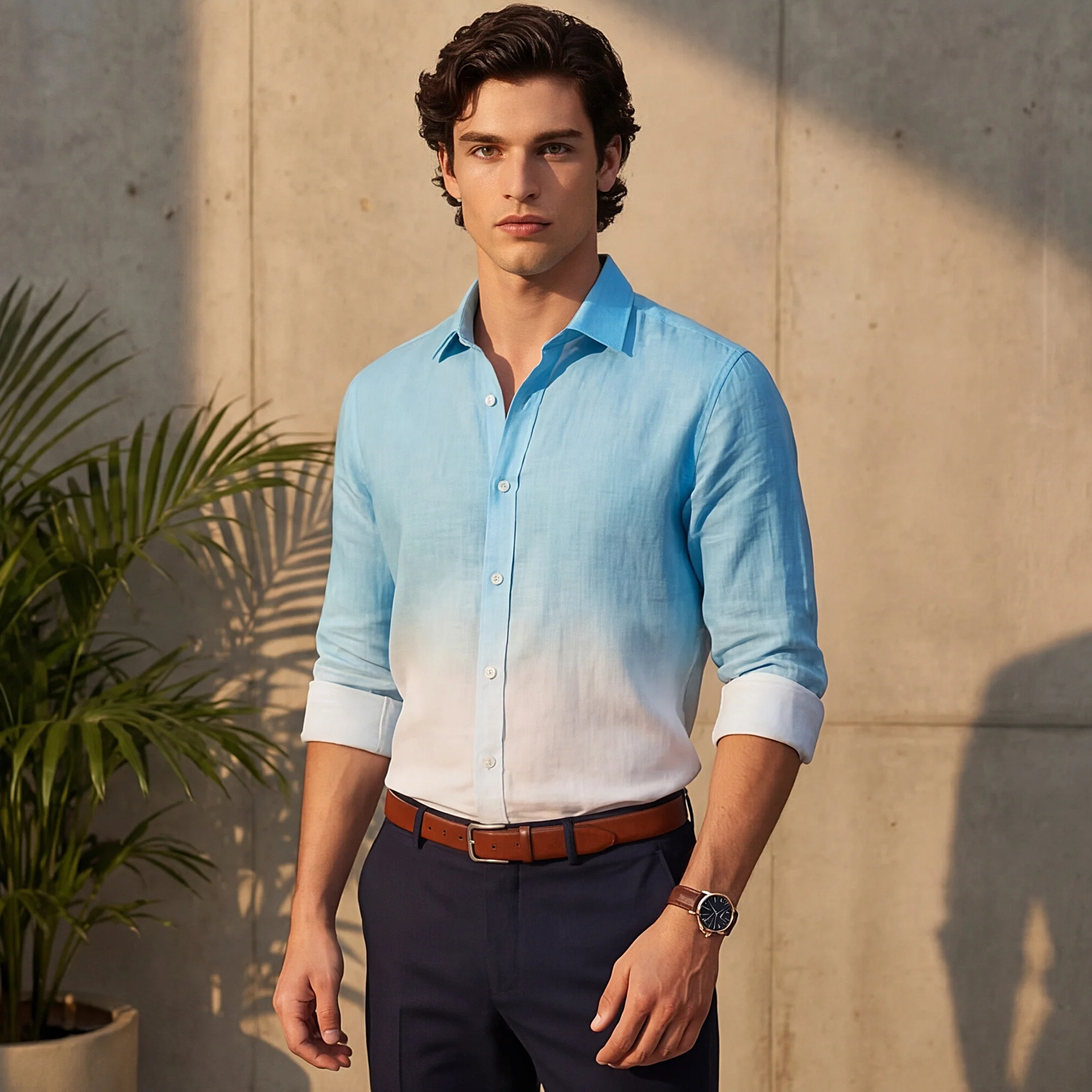 Full sleeves Slim Fit Blue Ombre Slub Print Shirt - Image 2