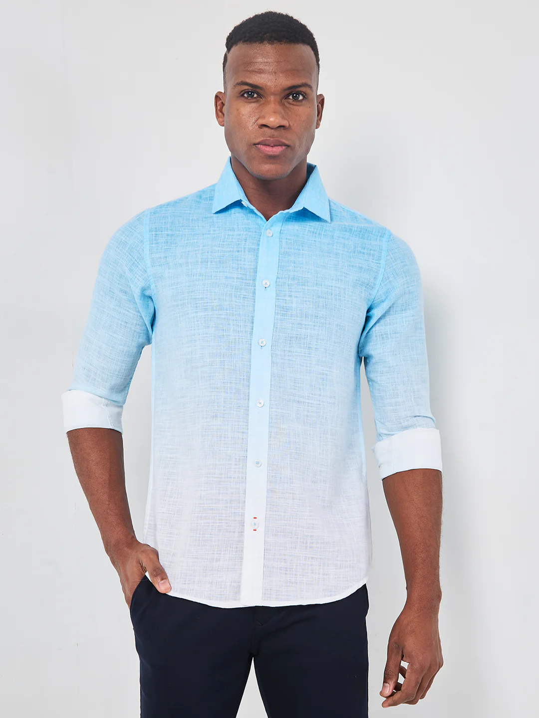 Full sleeves Slim Fit Blue Ombre Slub Print Shirt - Image 3