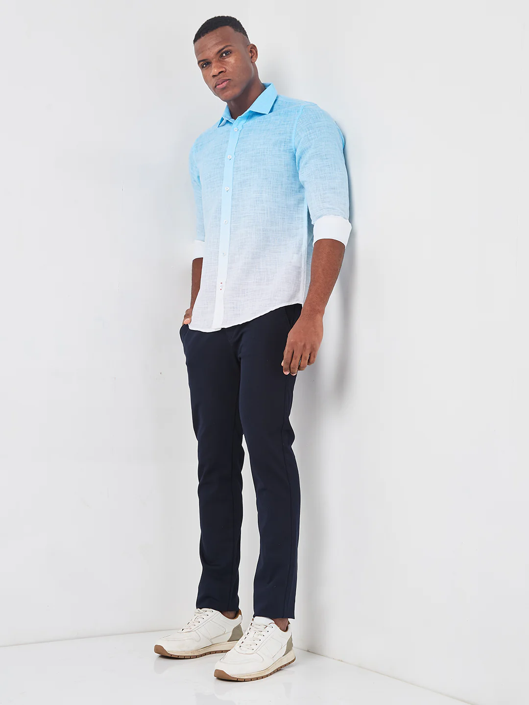 Full sleeves Slim Fit Blue Ombre Slub Print Shirt - Image 4