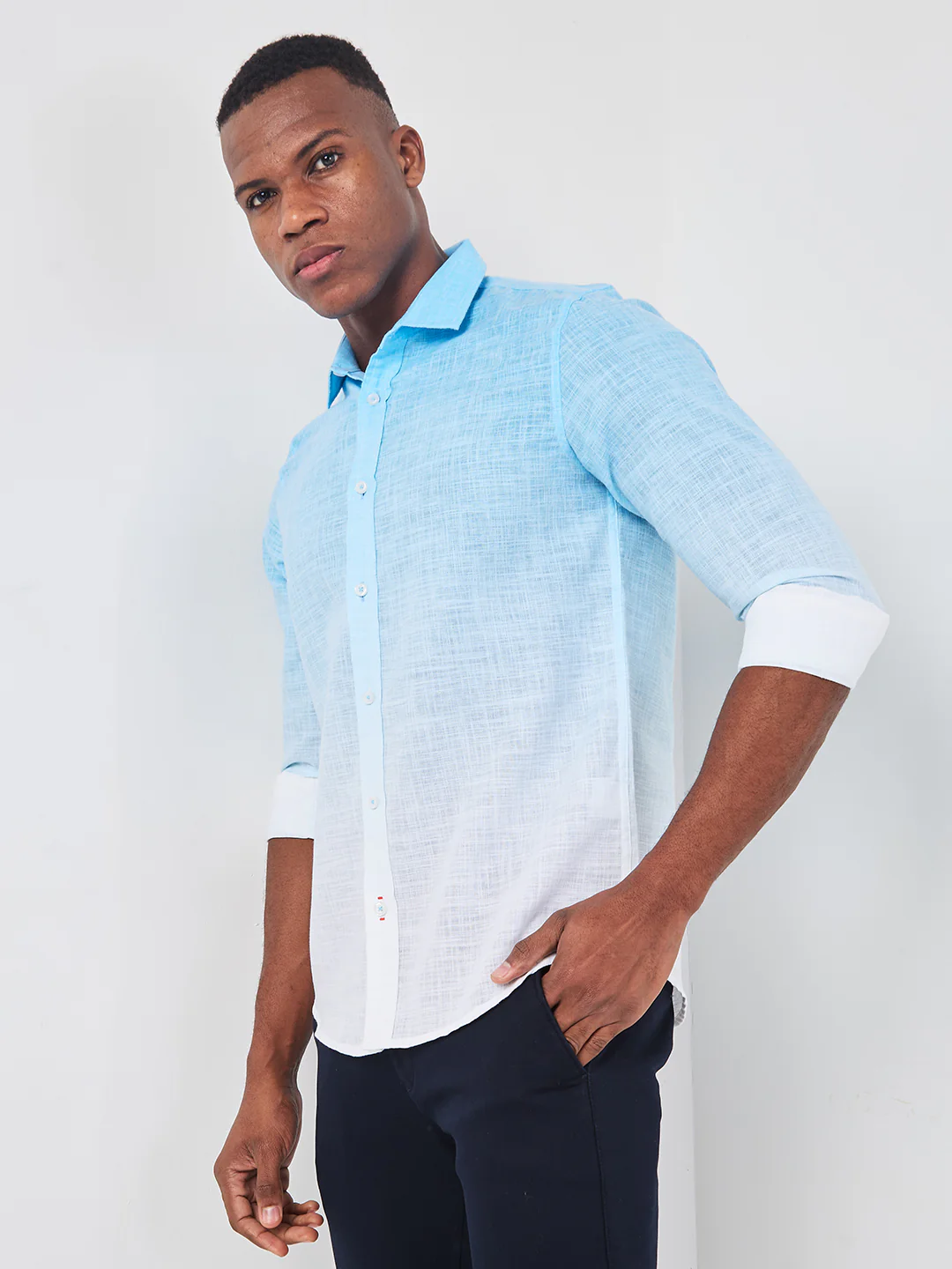 Full sleeves Slim Fit Blue Ombre Slub Print Shirt - Image 6