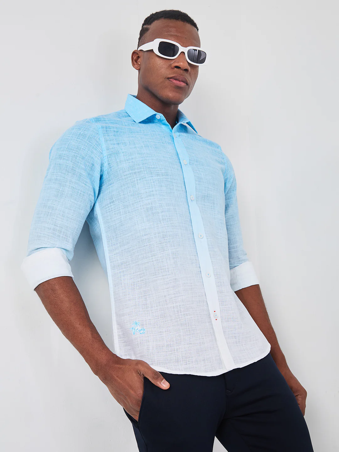 Full sleeves Slim Fit Blue Ombre Slub Print Shirt - Image 8