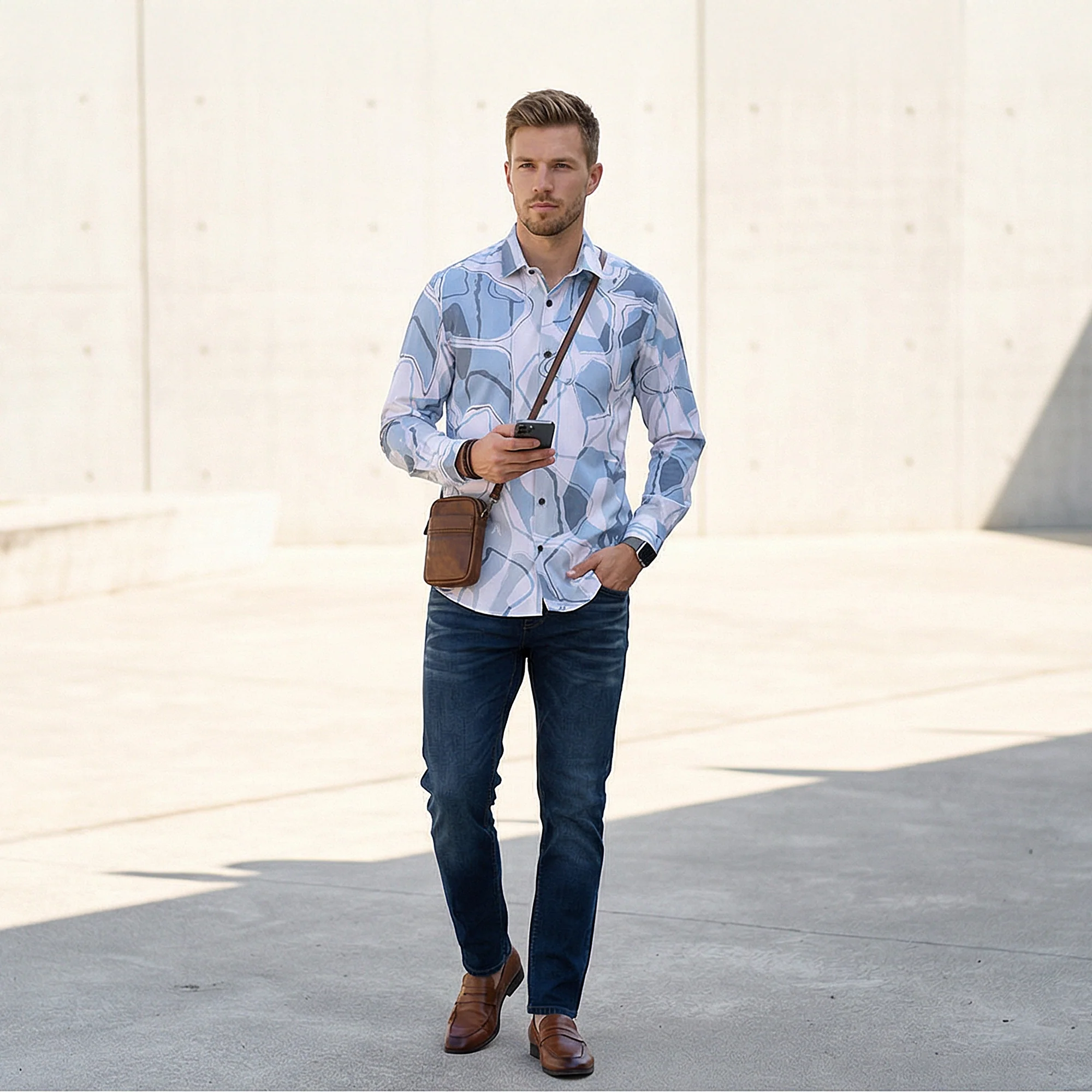 Full Sleeves Slim Fit Blue All-Over Big Abstract Print Shirt