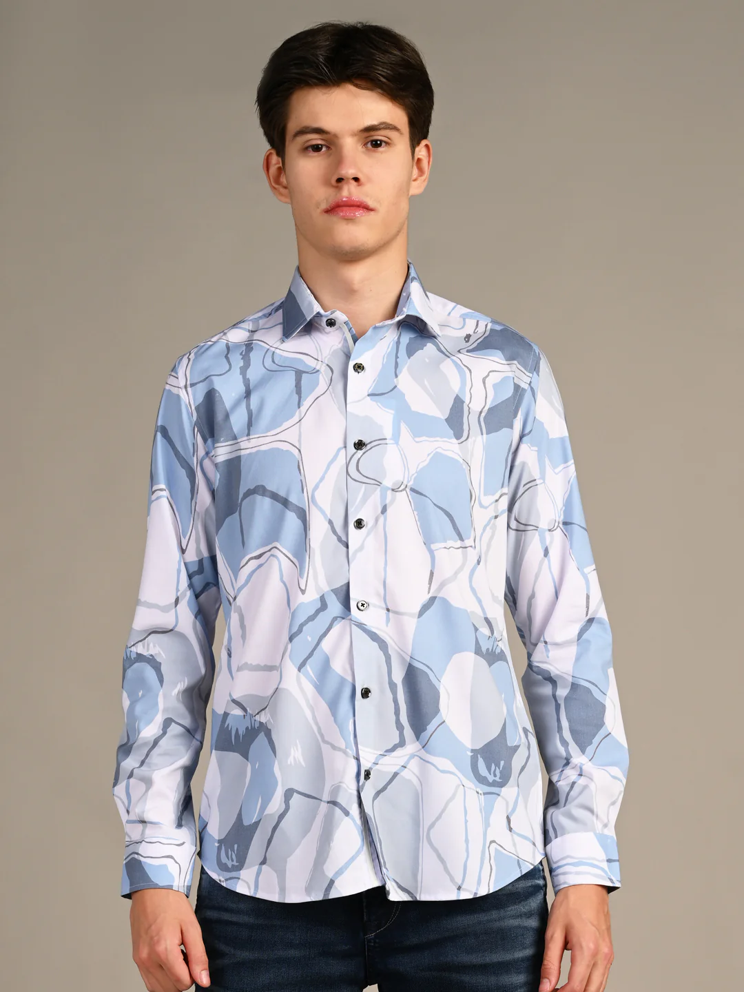 Full Sleeves Slim Fit Blue All-Over Big Abstract Print Shirt - Image 4
