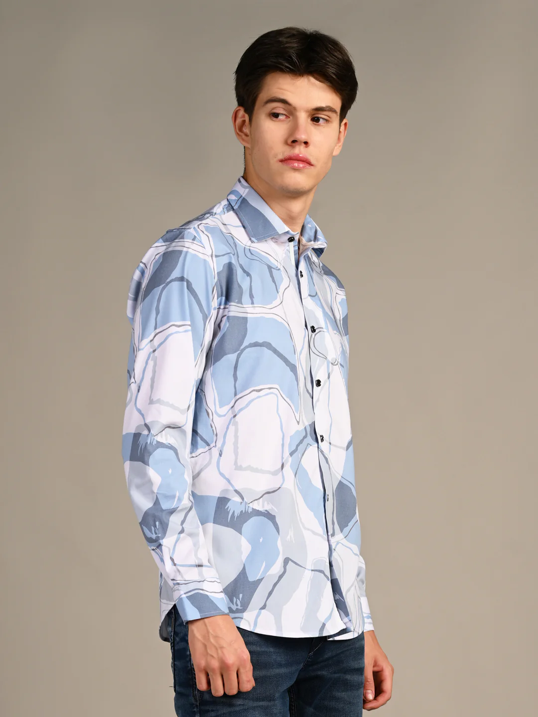 Full Sleeves Slim Fit Blue All-Over Big Abstract Print Shirt - Image 5