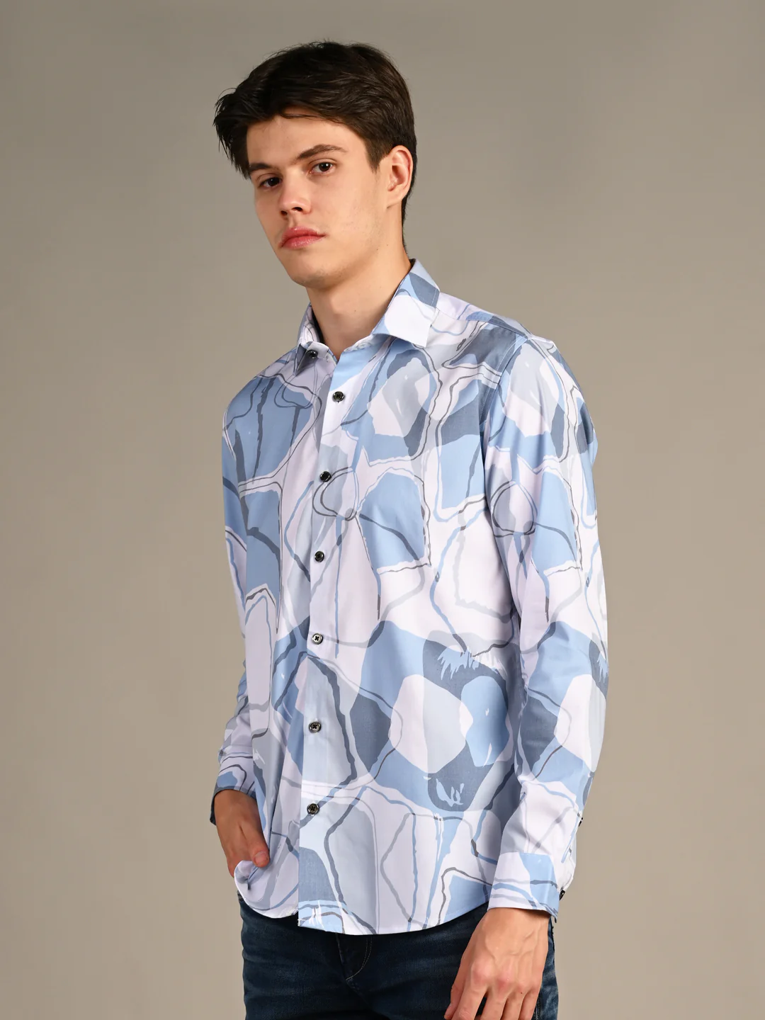 Full Sleeves Slim Fit Blue All-Over Big Abstract Print Shirt - Image 6