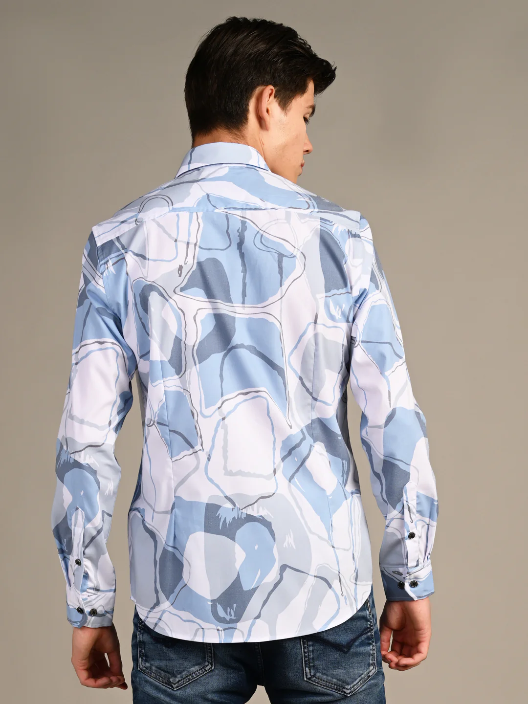 Full Sleeves Slim Fit Blue All-Over Big Abstract Print Shirt - Image 7