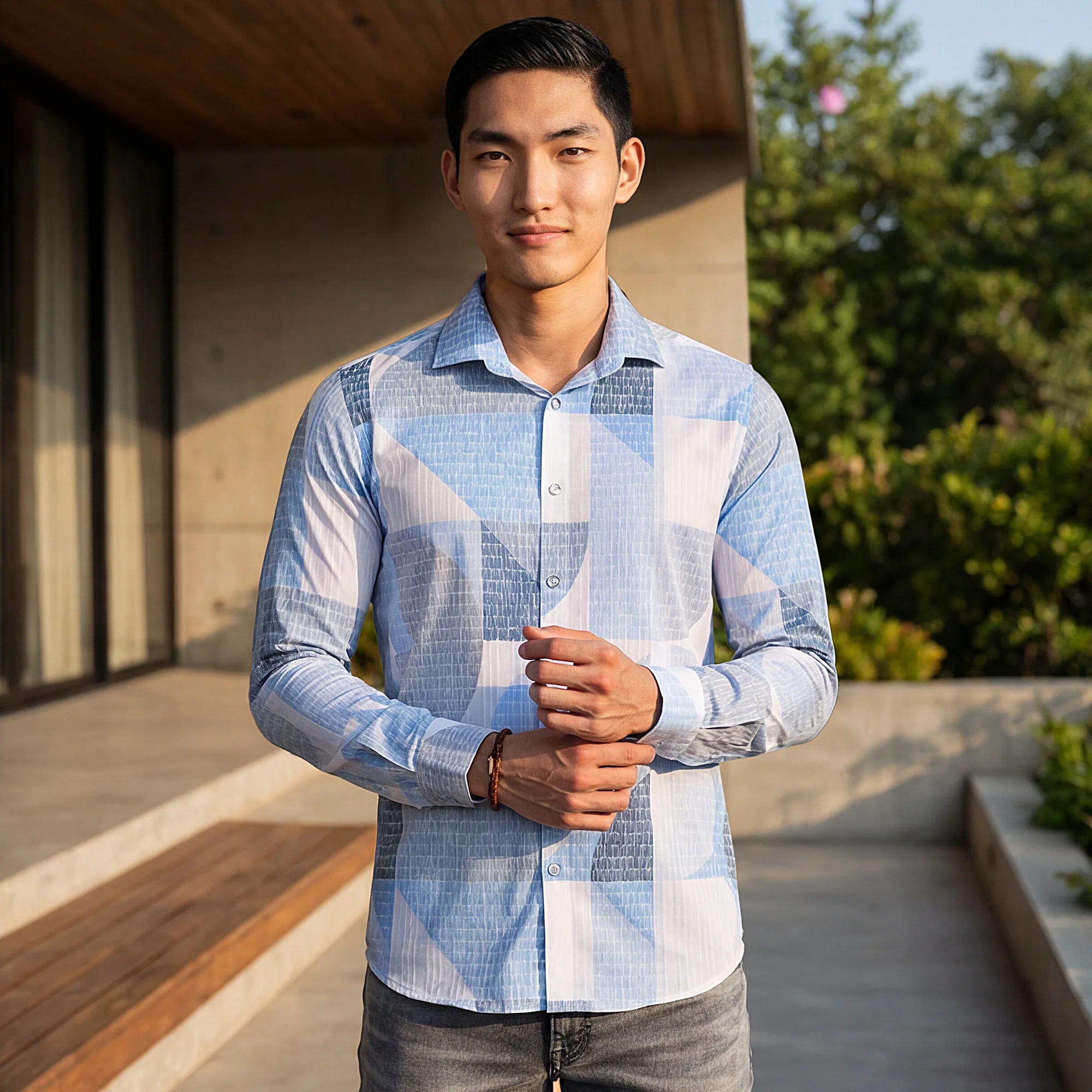 Full Sleeves Slim Fit Blue All-Over Big Abstract Grunge Print Shirt - Image 2