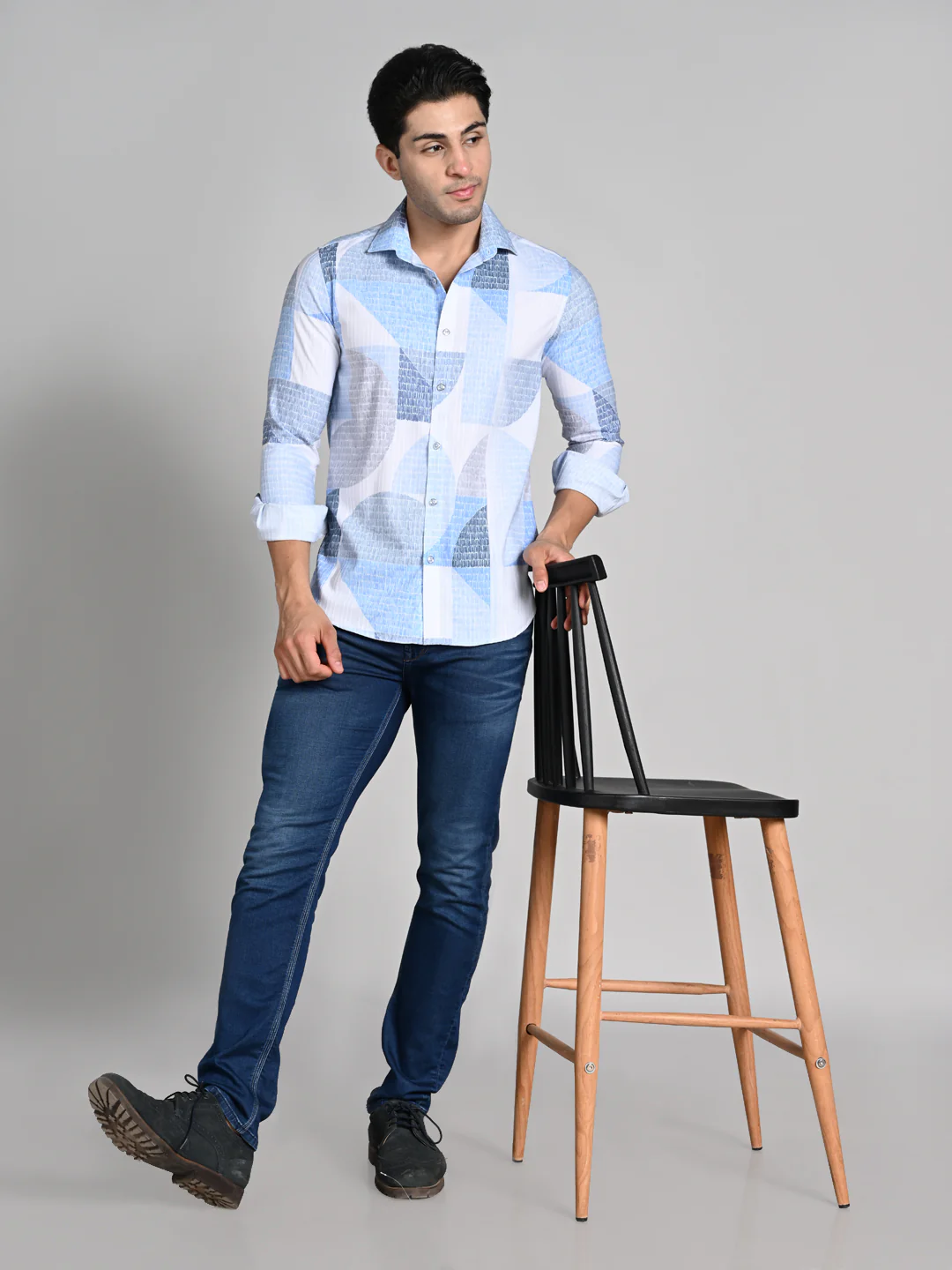 Full Sleeves Slim Fit Blue All-Over Big Abstract Grunge Print Shirt - Image 3