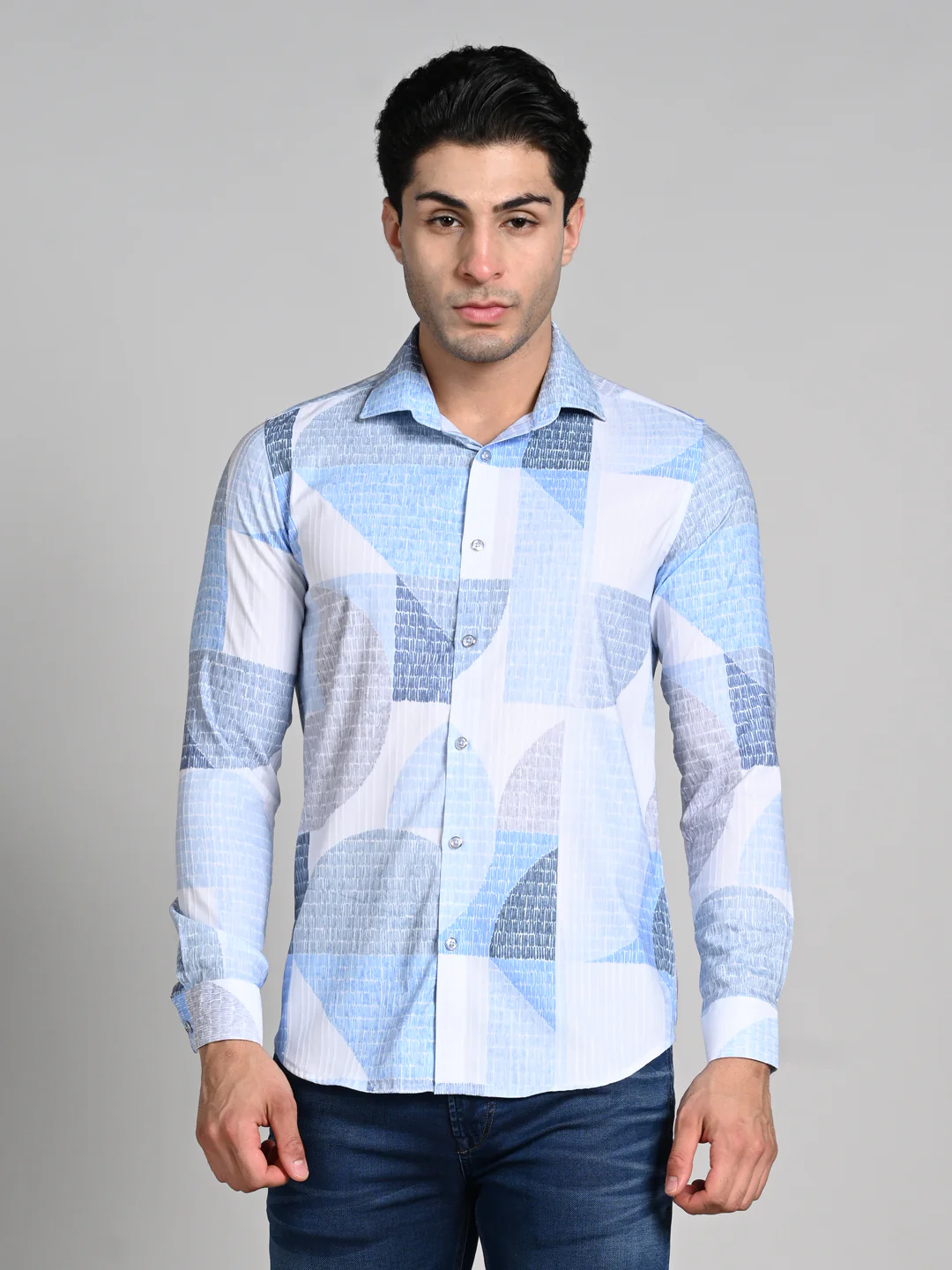 Full Sleeves Slim Fit Blue All-Over Big Abstract Grunge Print Shirt - Image 4