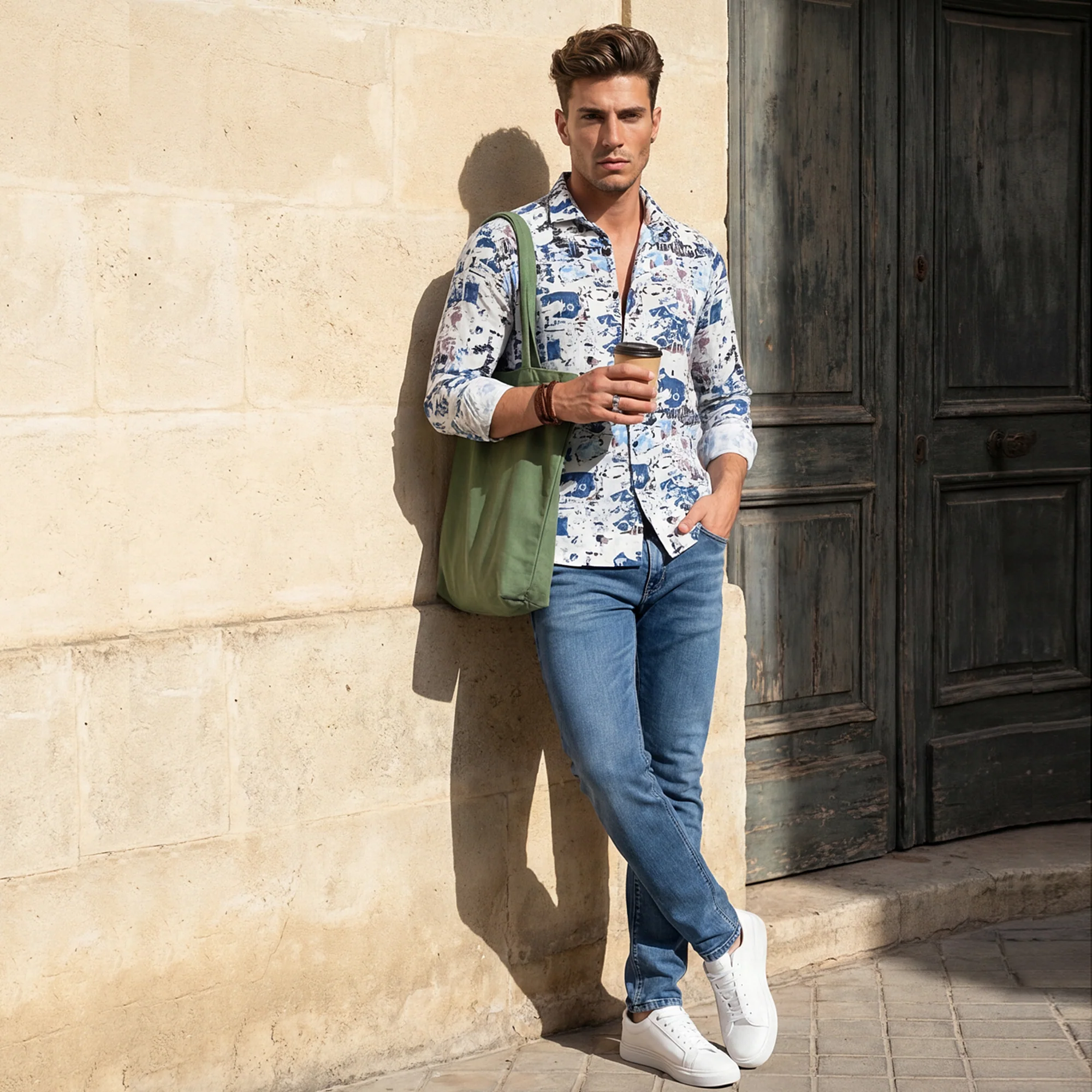Full Sleeves Slim Fit Blue Abstract Textured Waffle Weave Print Shirt
