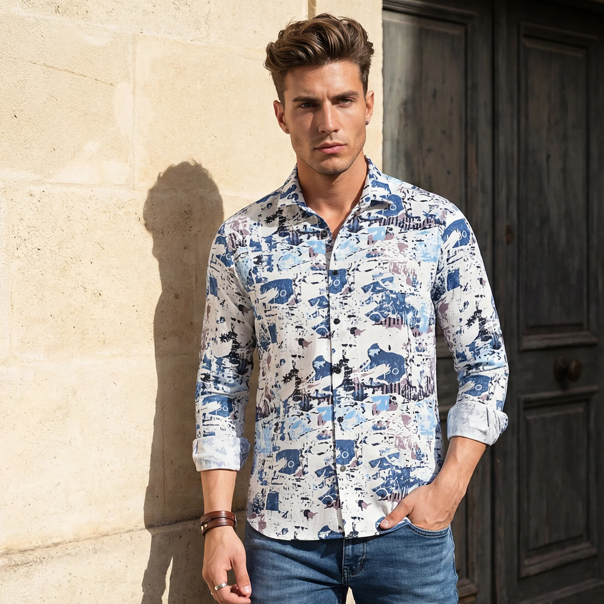 Full Sleeves Slim Fit Blue Abstract Textured Waffle Weave Print Shirt - Image 2