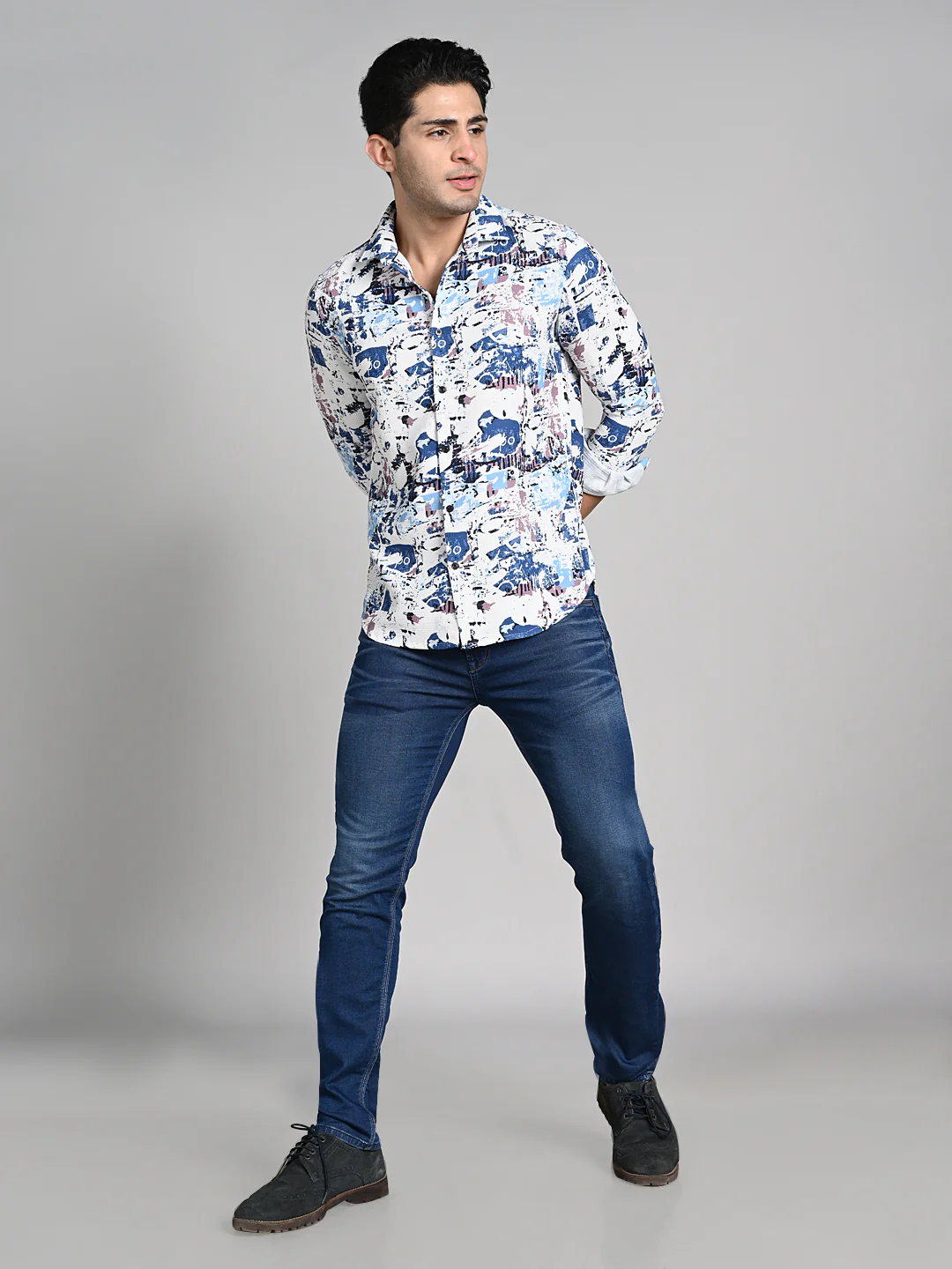 Full Sleeves Slim Fit Blue Abstract Textured Waffle Weave Print Shirt - Image 3