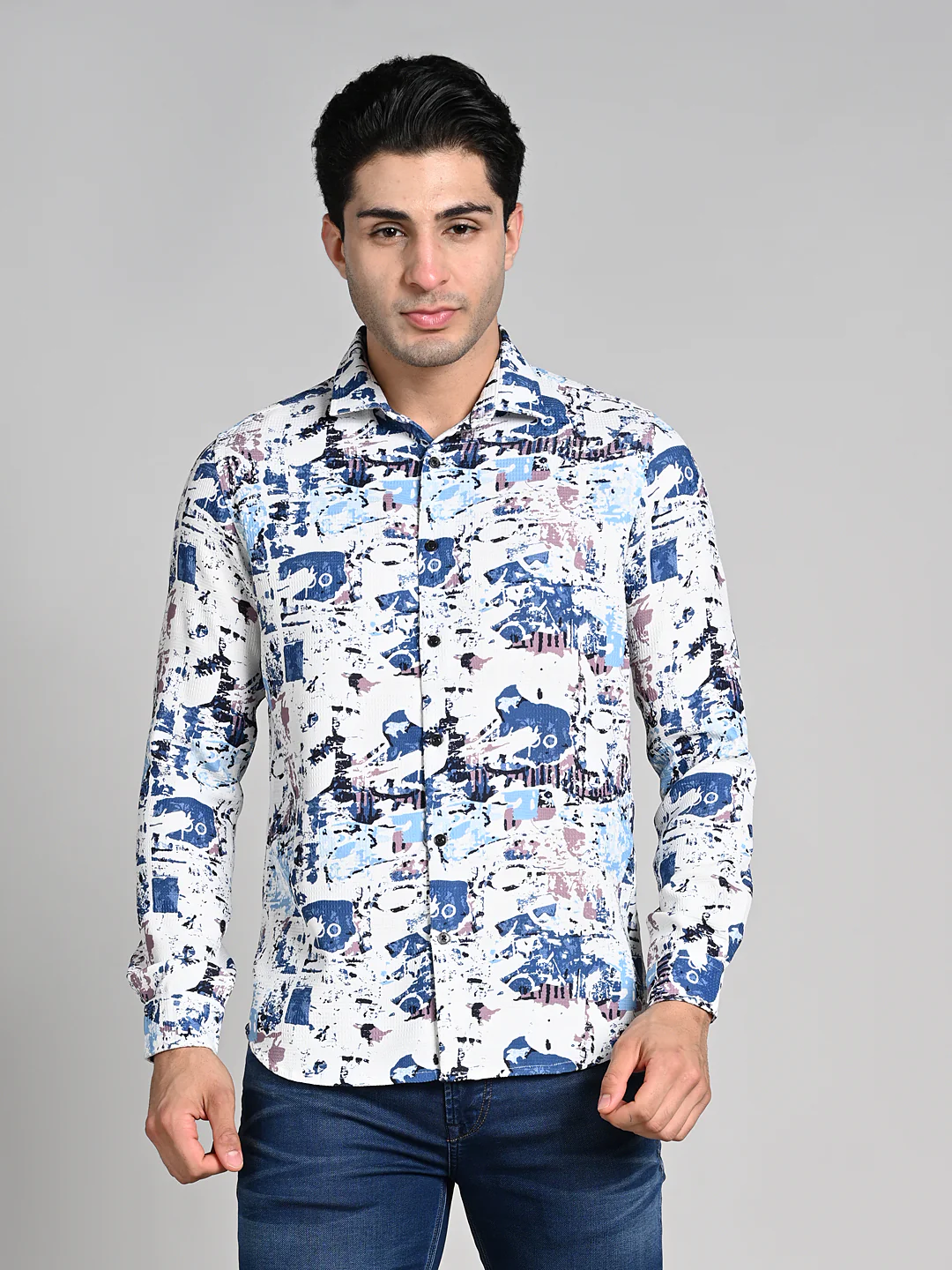 Full Sleeves Slim Fit Blue Abstract Textured Waffle Weave Print Shirt - Image 4