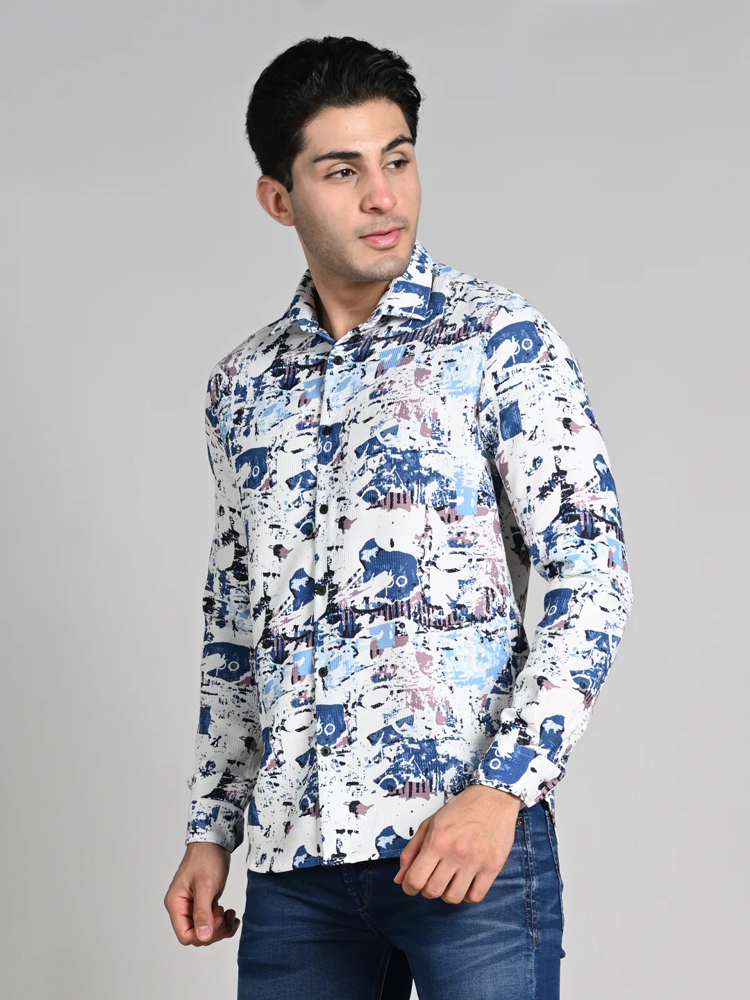 Full Sleeves Slim Fit Blue Abstract Textured Waffle Weave Print Shirt - Image 5