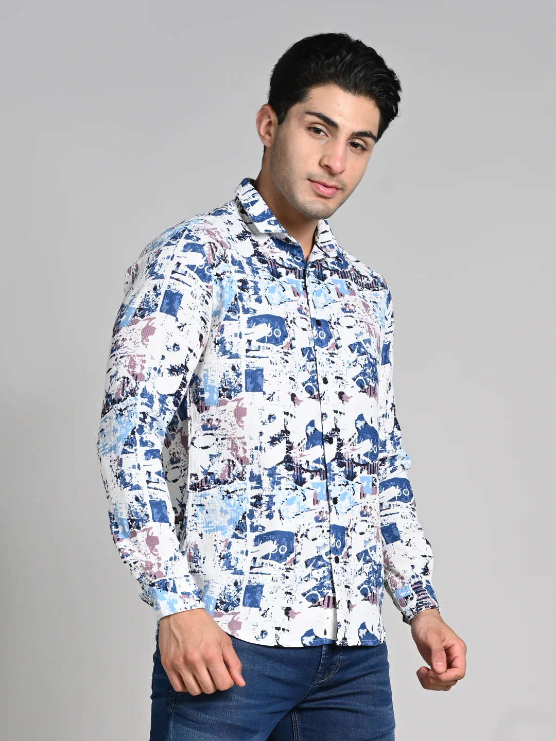 Full Sleeves Slim Fit Blue Abstract Textured Waffle Weave Print Shirt - Image 6