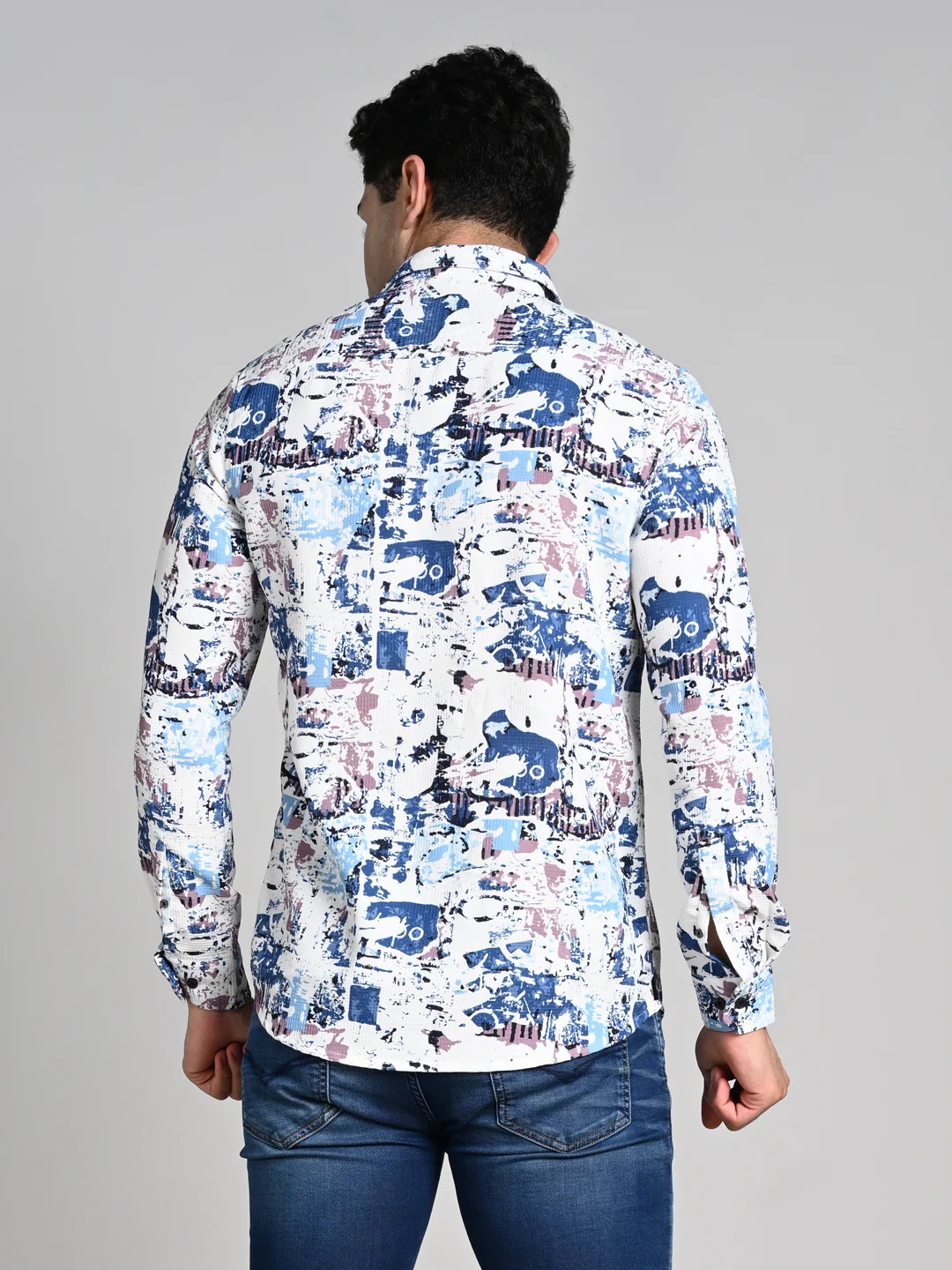 Full Sleeves Slim Fit Blue Abstract Textured Waffle Weave Print Shirt - Image 7