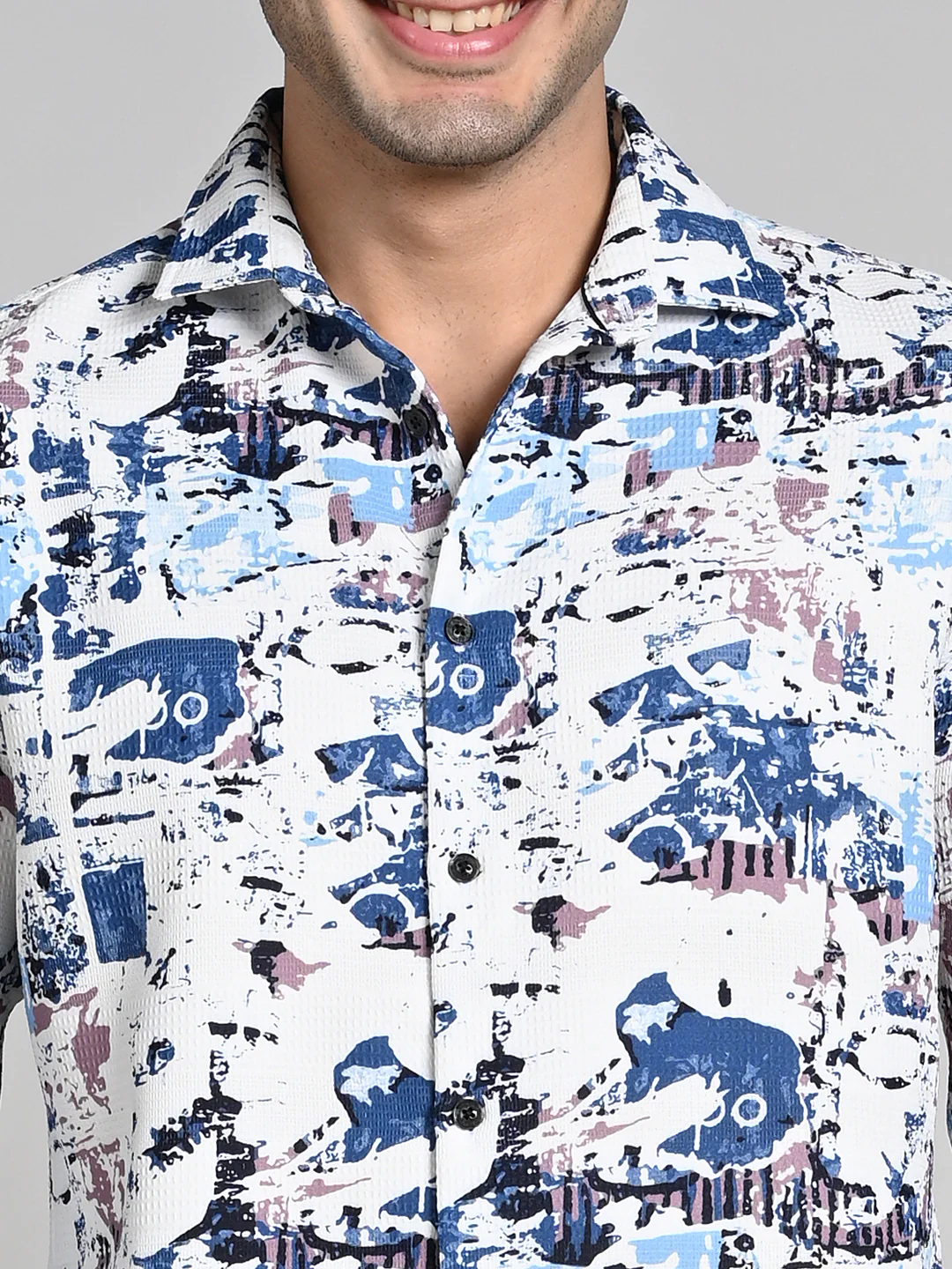 Full Sleeves Slim Fit Blue Abstract Textured Waffle Weave Print Shirt - Image 8