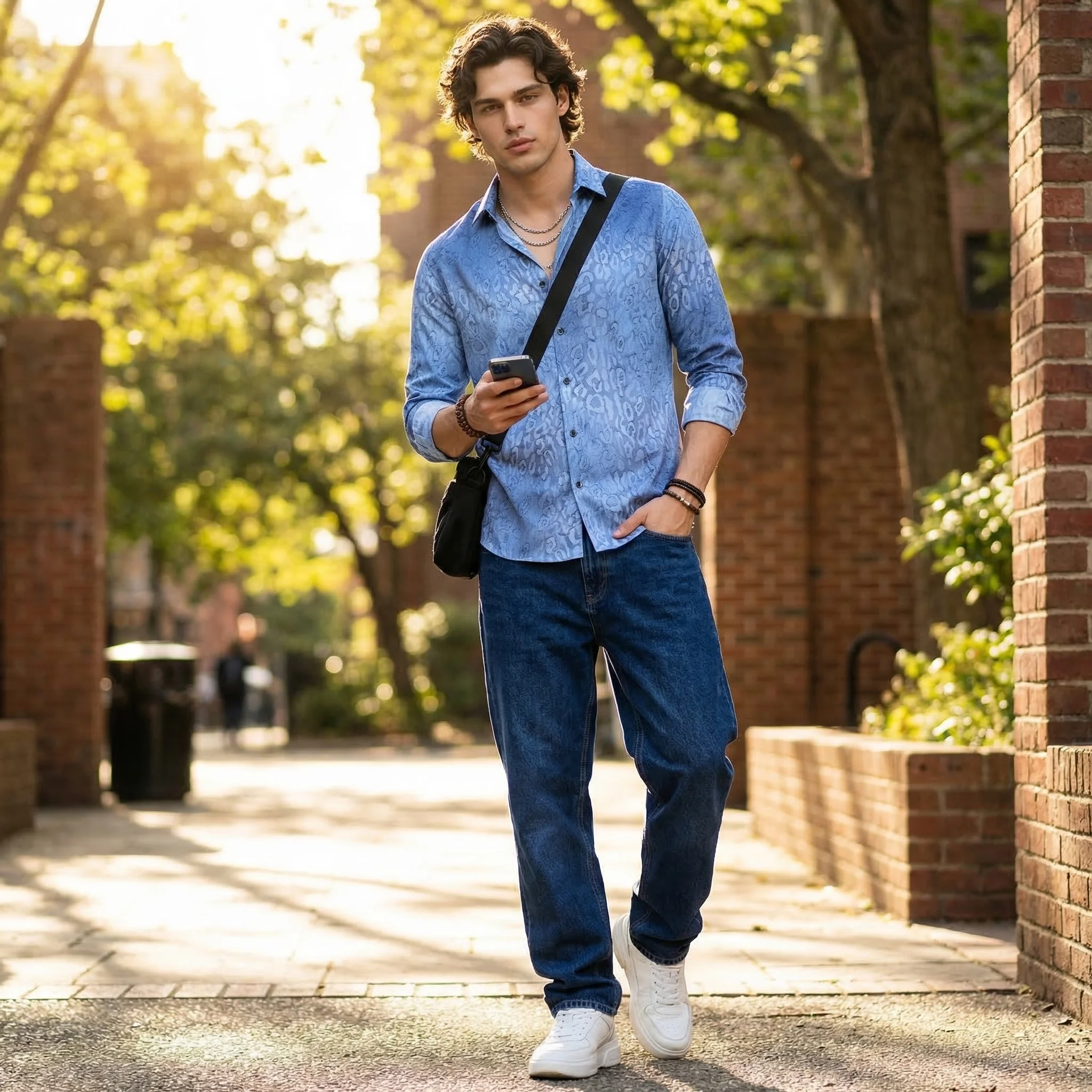 Full Sleeves Slim Fit Blue All over Abstract Round Foil Textured Print Shirt