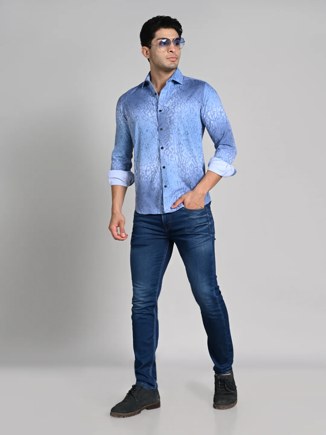 Full Sleeves Slim Fit Blue All over Abstract Round Foil Textured Print Shirt - Image 3