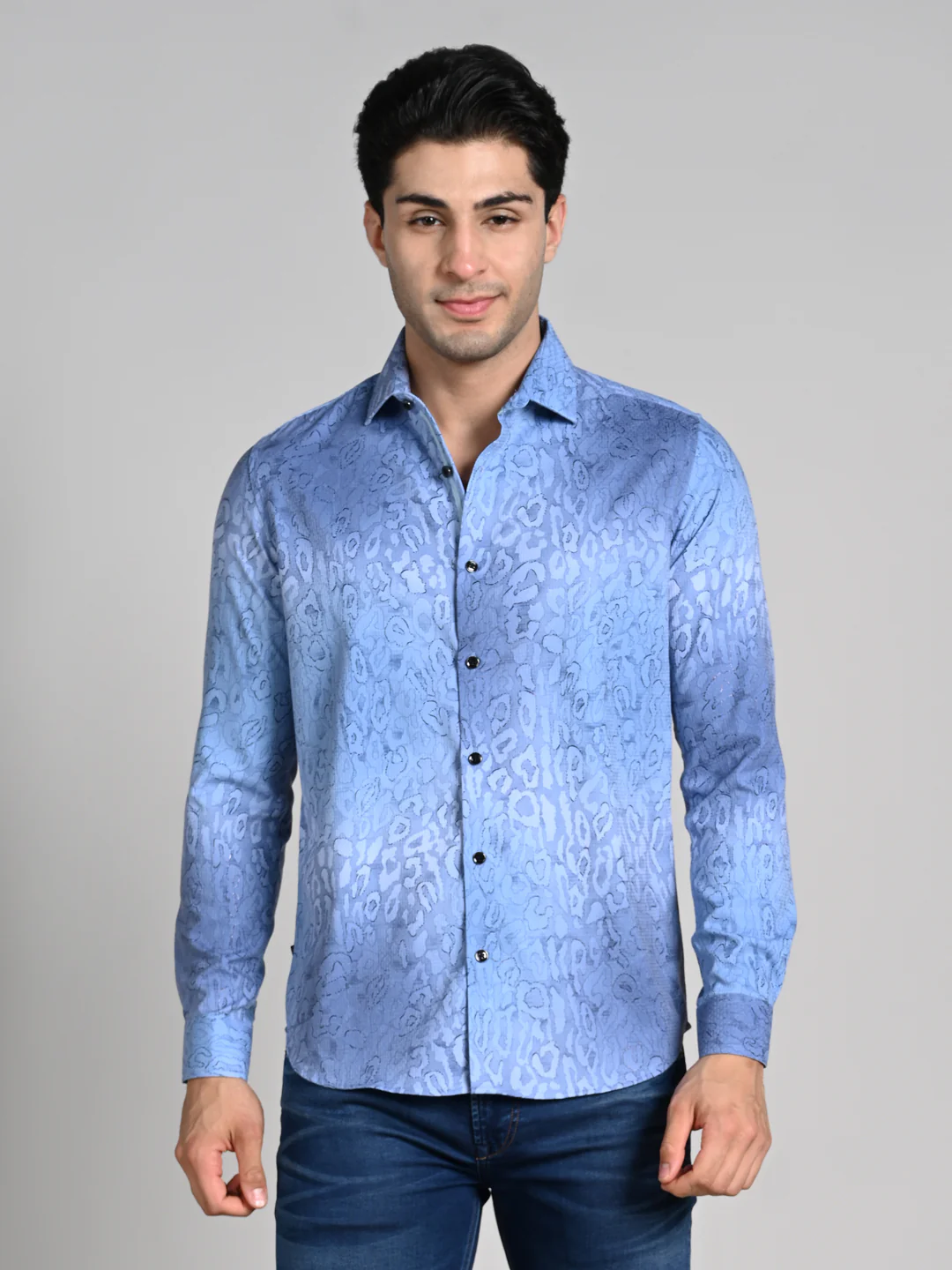 Full Sleeves Slim Fit Blue All over Abstract Round Foil Textured Print Shirt - Image 4