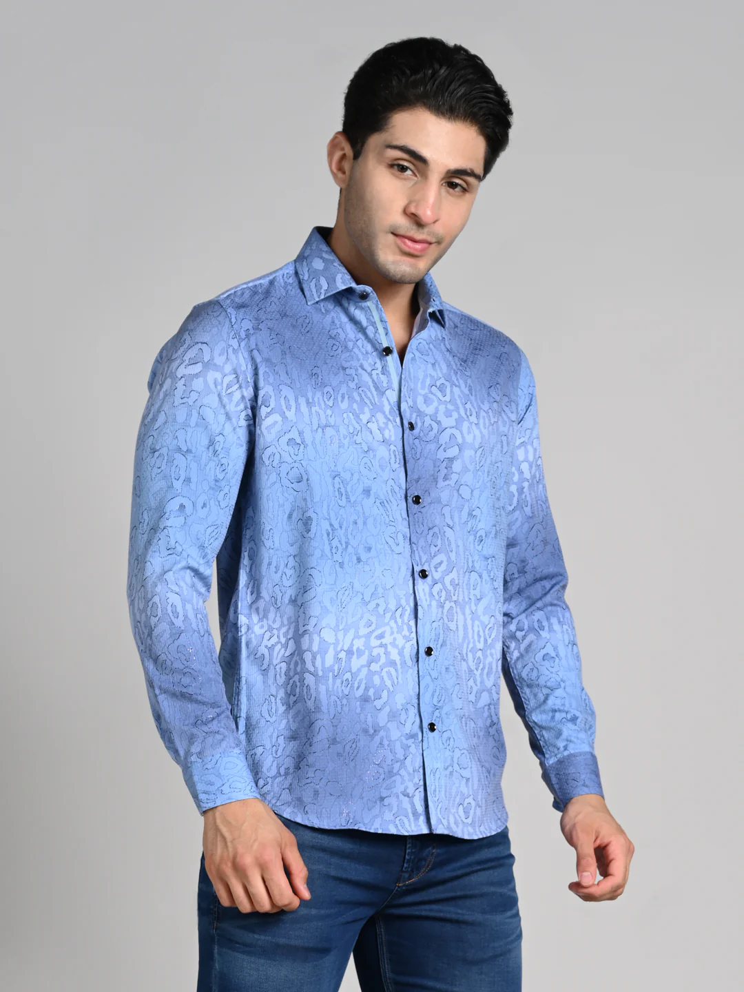 Full Sleeves Slim Fit Blue All over Abstract Round Foil Textured Print Shirt - Image 5