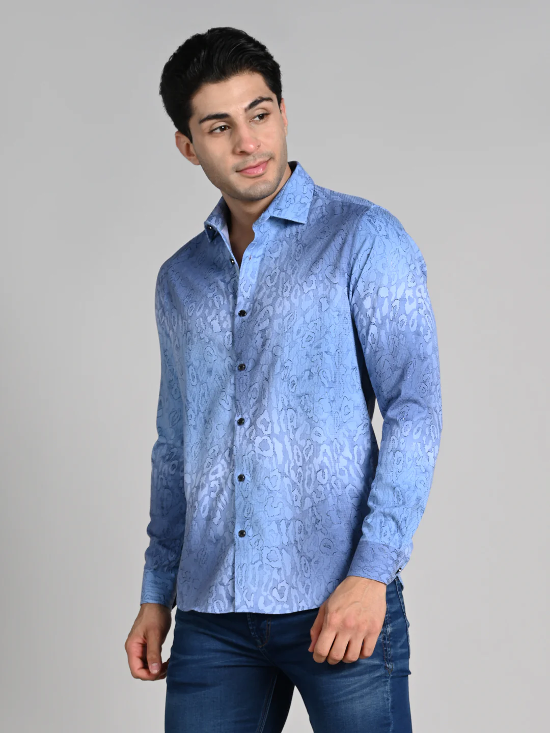Full Sleeves Slim Fit Blue All over Abstract Round Foil Textured Print Shirt - Image 6