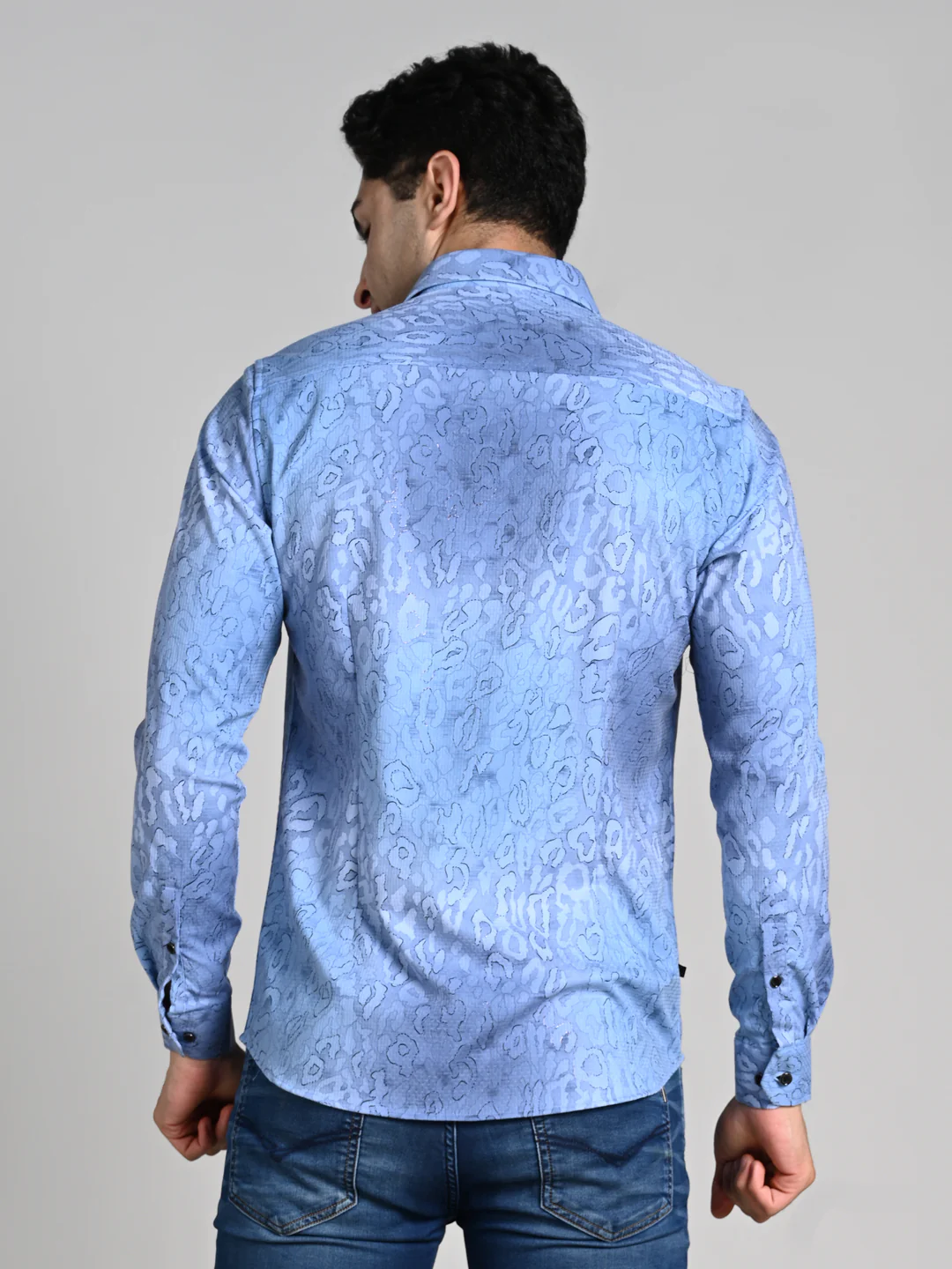 Full Sleeves Slim Fit Blue All over Abstract Round Foil Textured Print Shirt - Image 7