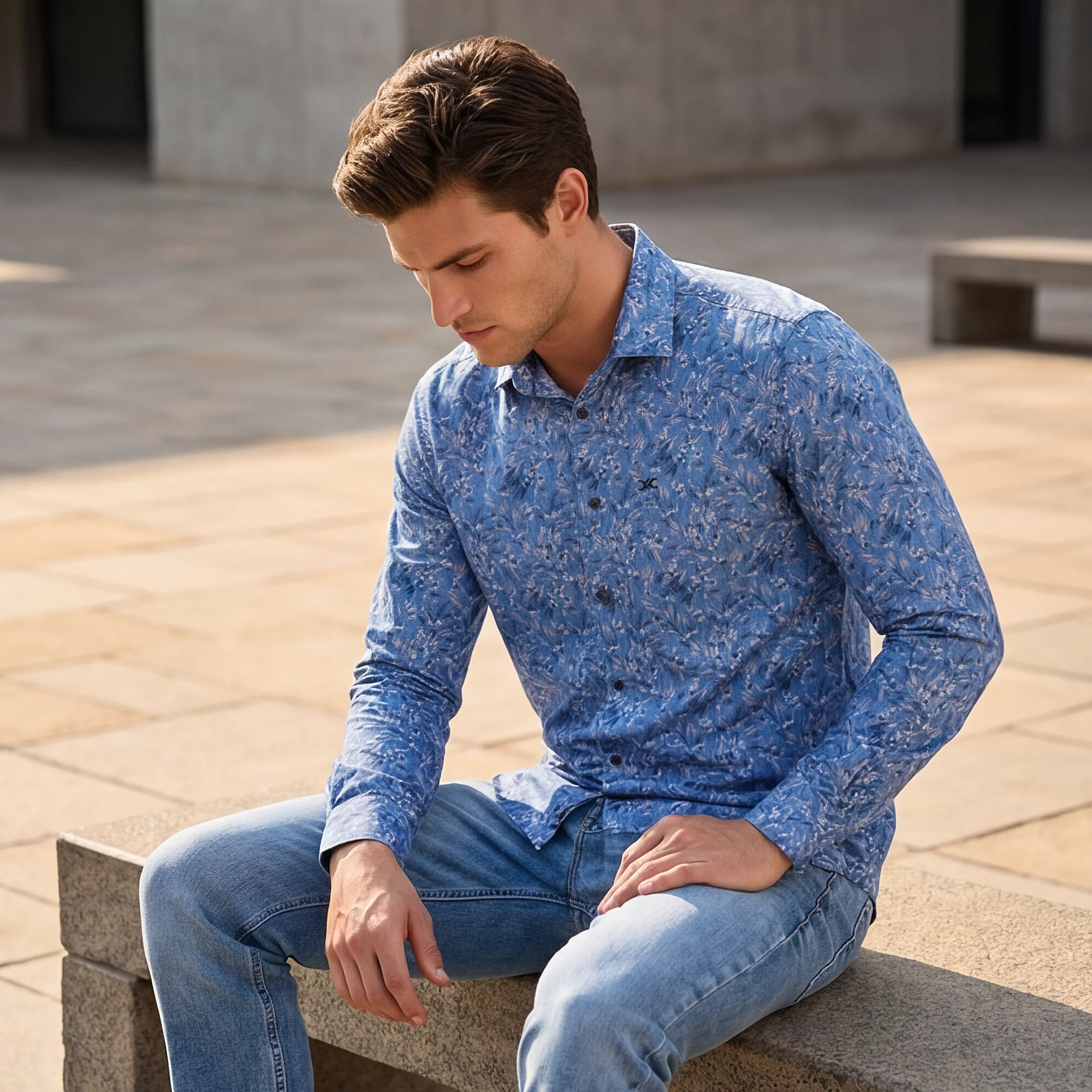 Full sleeves Slim Fit Blue All Over Micro floral Dobby Textured Print Shirt - Image 2