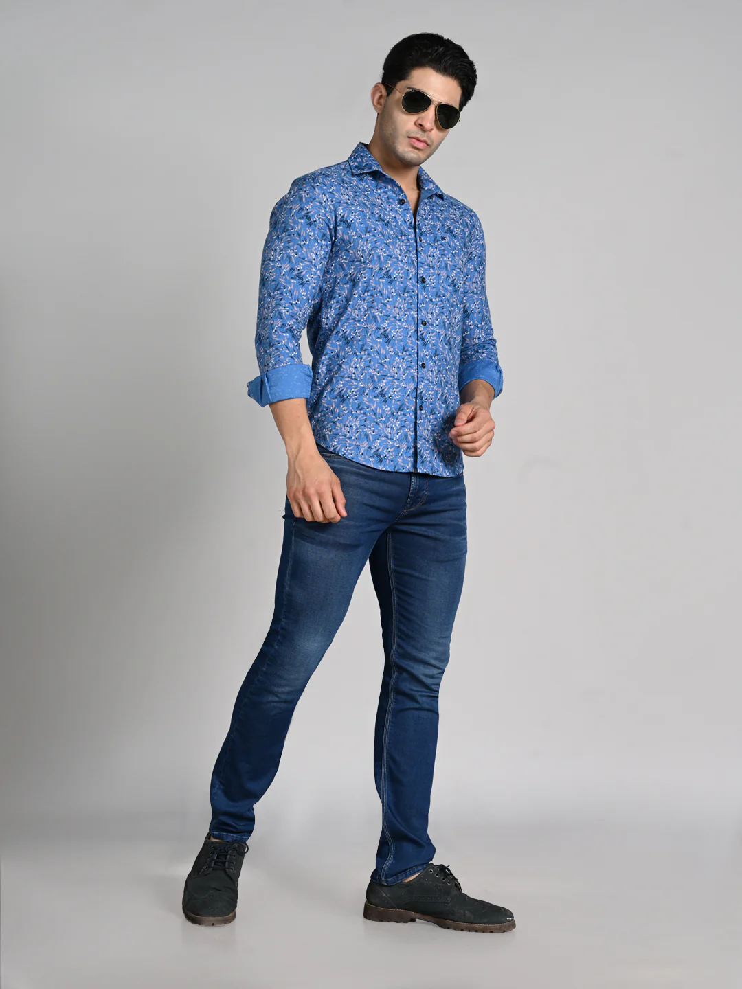 Full sleeves Slim Fit Blue All Over Micro floral Dobby Textured Print Shirt - Image 3