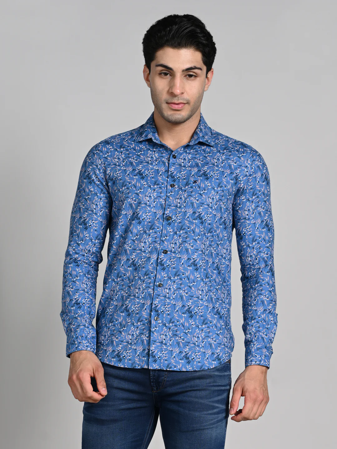 Full sleeves Slim Fit Blue All Over Micro floral Dobby Textured Print Shirt - Image 4