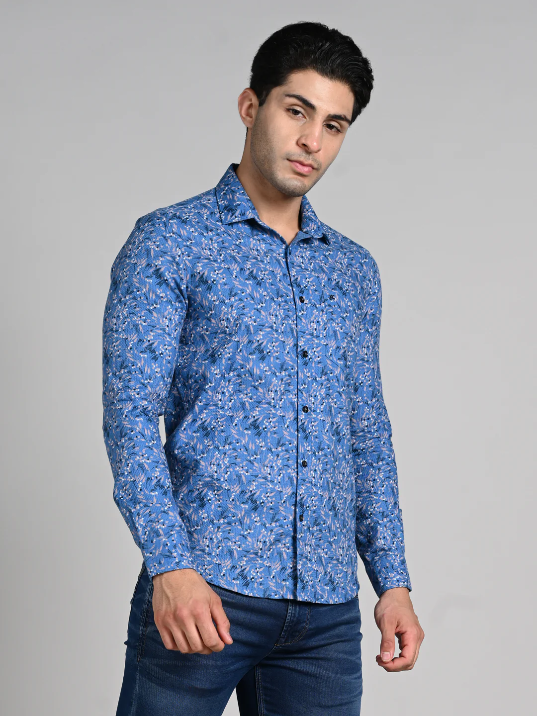 Full sleeves Slim Fit Blue All Over Micro floral Dobby Textured Print Shirt - Image 5