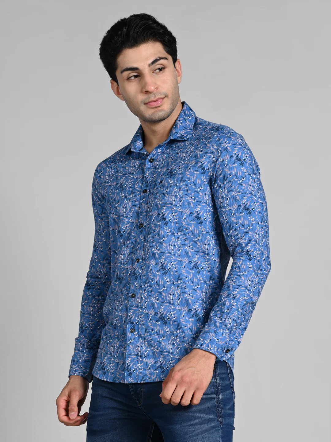 Full sleeves Slim Fit Blue All Over Micro floral Dobby Textured Print Shirt - Image 8