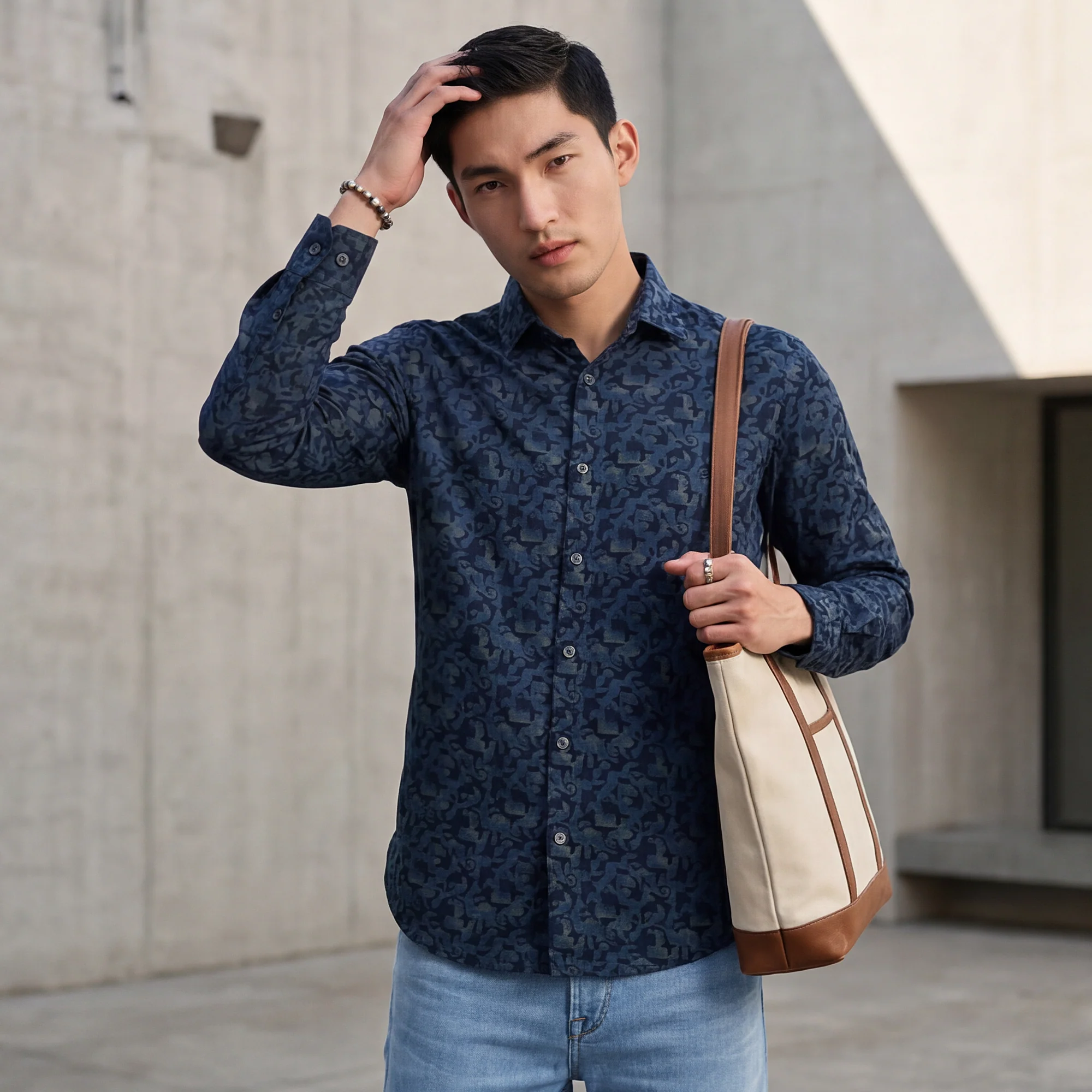 Full Sleeves Slim Fit Slate Blue All Over Textured Geometric Dobby Print Shirt - Image 2