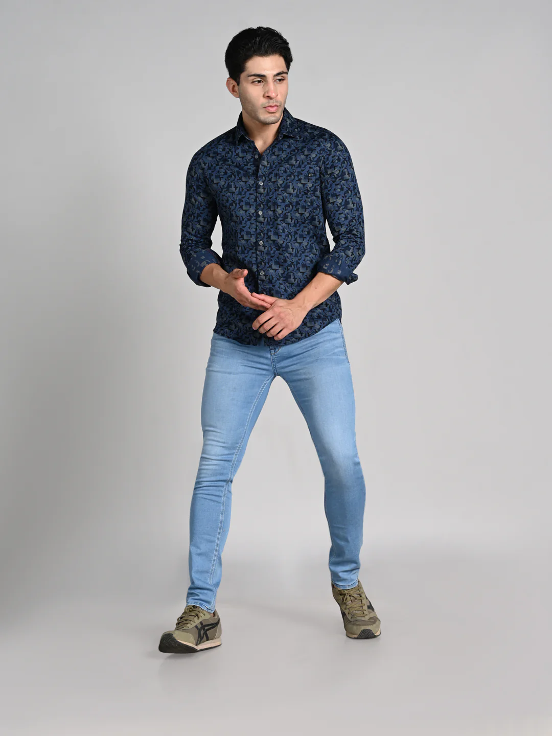 Full Sleeves Slim Fit Slate Blue All Over Textured Geometric Dobby Print Shirt - Image 3